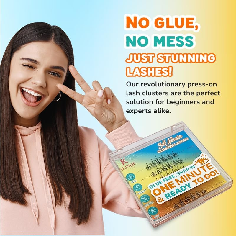 KLINQE Cluster Press on Lashes with Tweezer | DIY Self Adhesive Eyelashes No Sticky Residue | Quick and Easy to Apply No Glue Lashes for a Strong Hold | Reusable - Mix and Match! (Twilight Radiance)