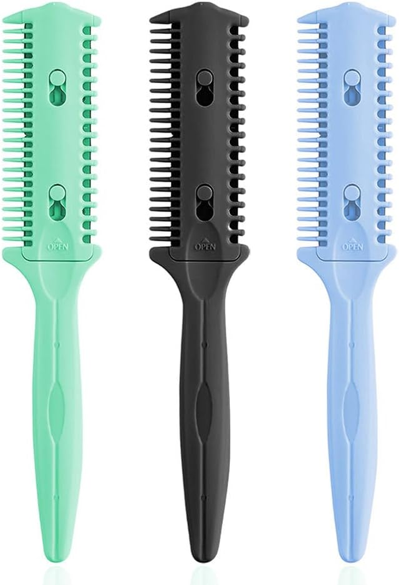 Soft 'N Style 3 Pack Double-Sided Hair Trimmer Comb - Split Ends Razor Styler for Thin and Thick Hair Cutting and Styling (Green, Black, Blue)