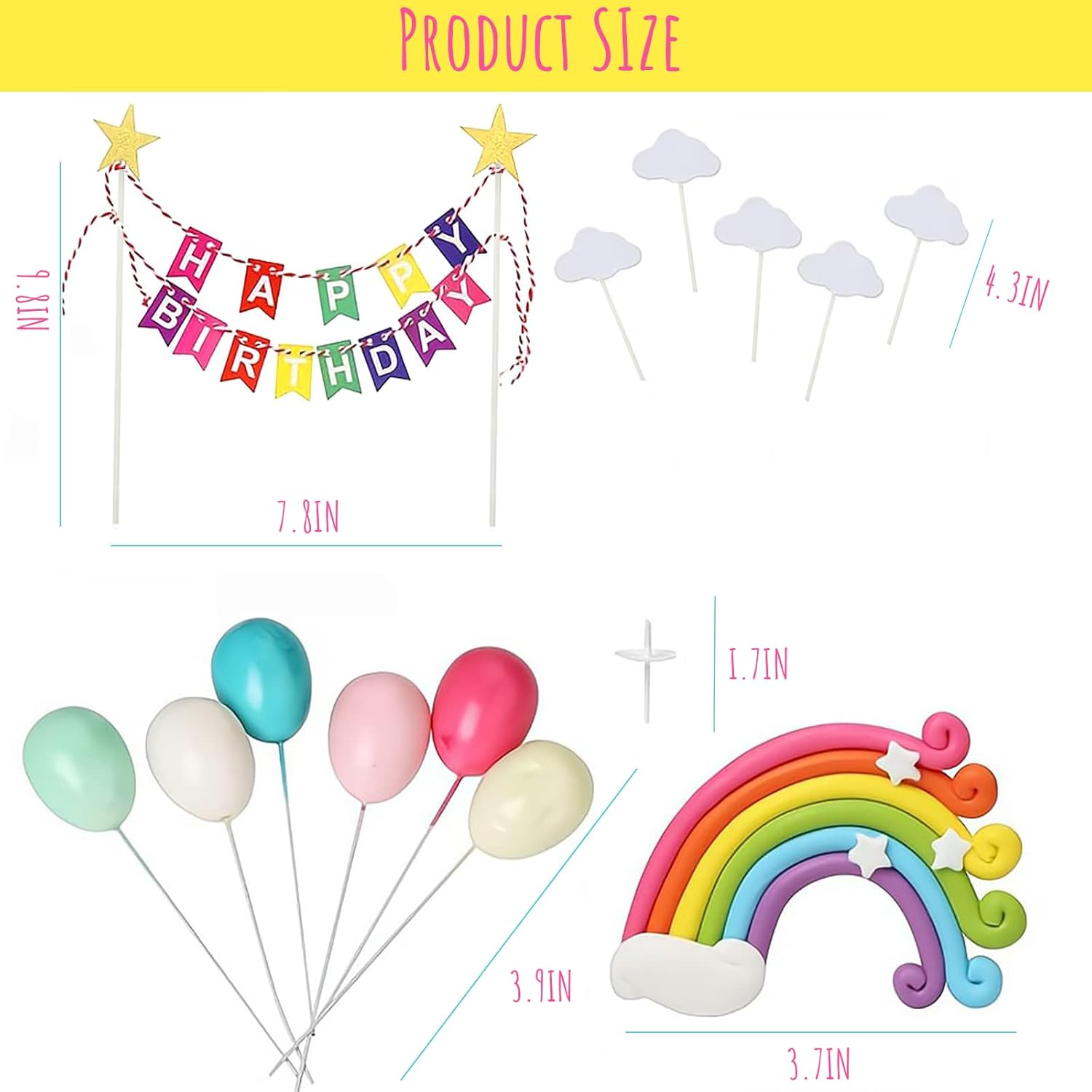Rainbow Cake Topper, 13-Piece Cake Decoration Set, Include Colorful Rainbow Clouds Balloon Stars, for Boy Girl Kid Birthday Baby Shower Party Baking Decoration Supplies image number 3