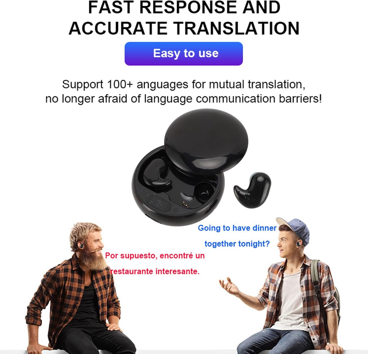 Translator Earphones, Two-Way Translation Headphones with 144 Languages, Real Time Translation Headset, BT Online Translator for Travel, Business, Learning (Black) image number 2