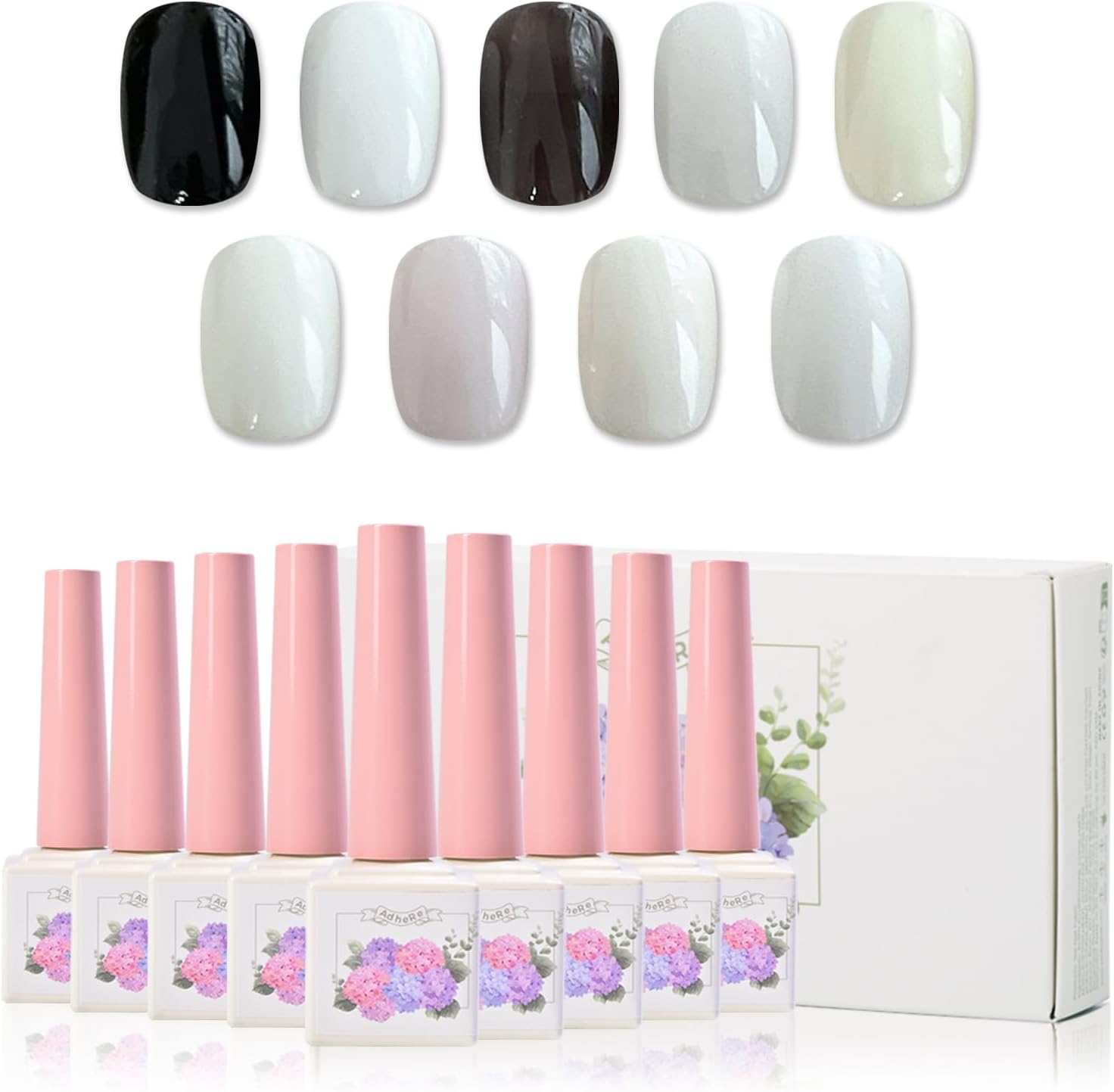 ADHERE 11Pcs Nude-Pink Kit with Nail Brush, UV LED Gel Nail Polish, Soak off Nail Varnish Gel Polish for Manicure Salon DIY Design at Home