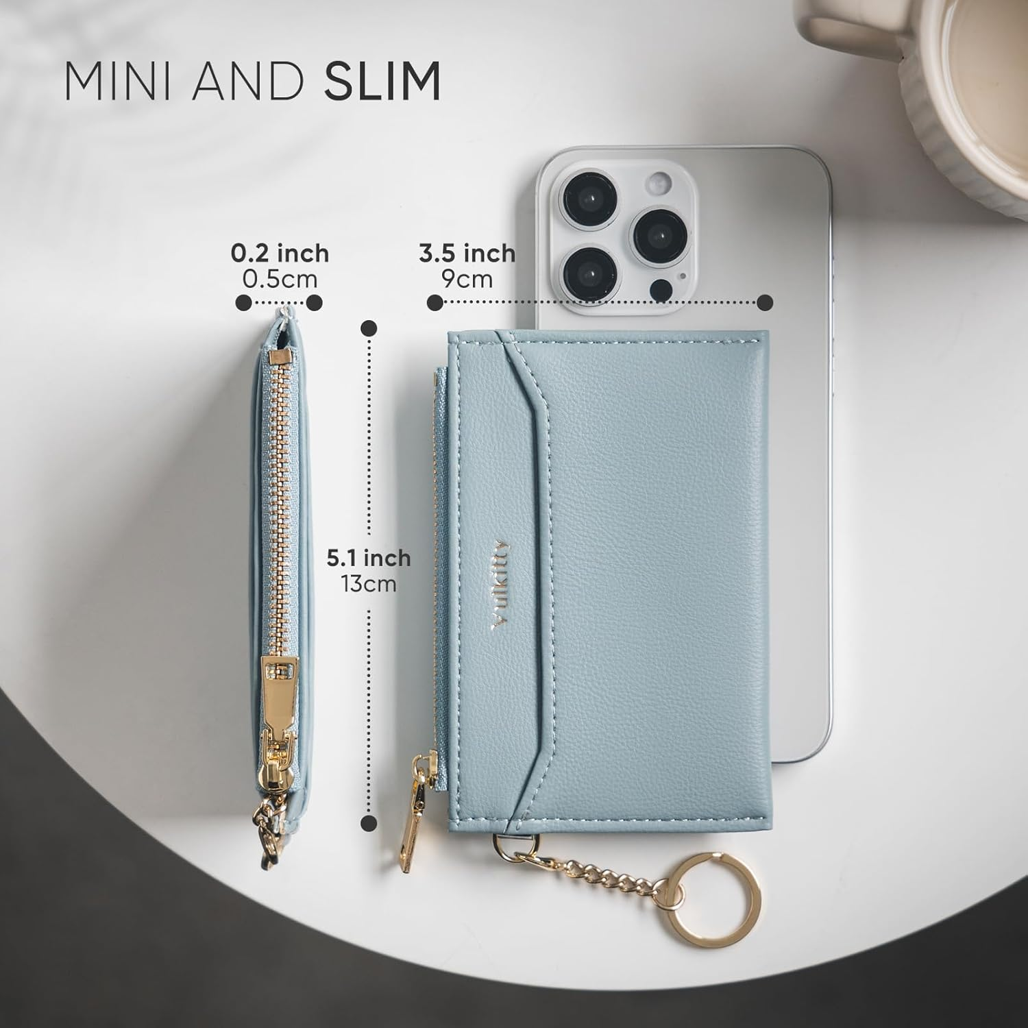Vulkitty Slim Card Holder for Womem with Keychain and ID Window, Minimalist Wallet RFID Protected for Cards, Bills, Keys and Coins, Blue - Blue image number 1