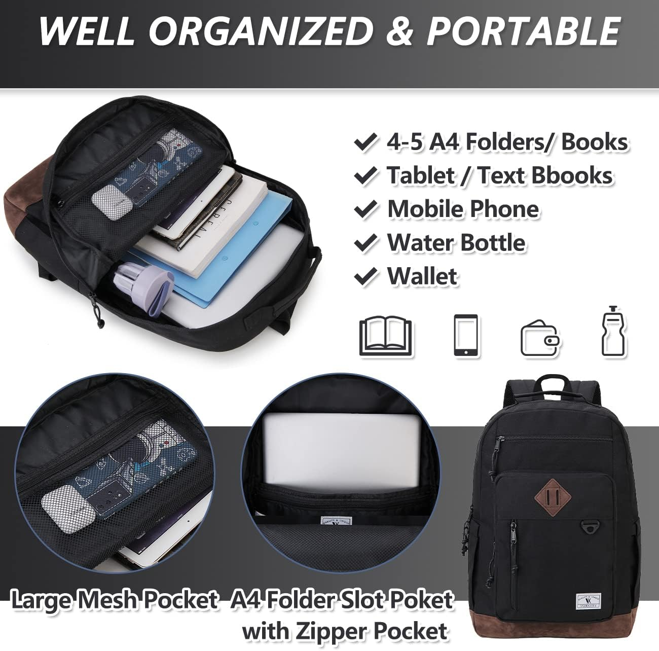 VX VONXURY Backpack for Men Women,Lightweight Bookbag with Mulitiple Pockets,Classical Water Resistant Travel Backpack image number 4