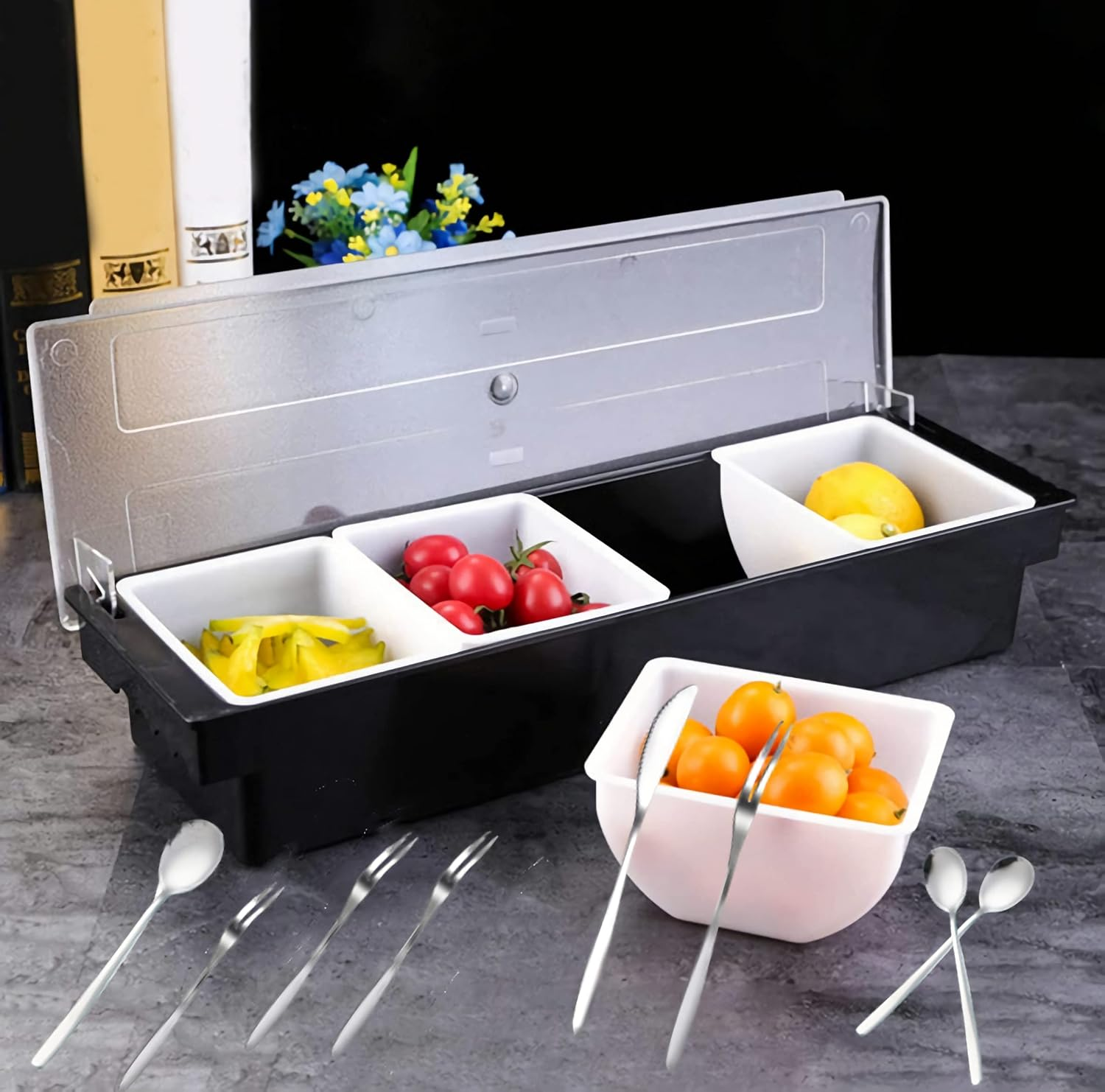 Food & Condiment Dispenser Ice Cooled Condiment Caddy,4 Compartment Garnish Stations Tray with Lid,4 Spoons,4 Forks,1 Fruit Knives,Chilled Condiment Server Caddyfor Bar Home Restaurant image number 4