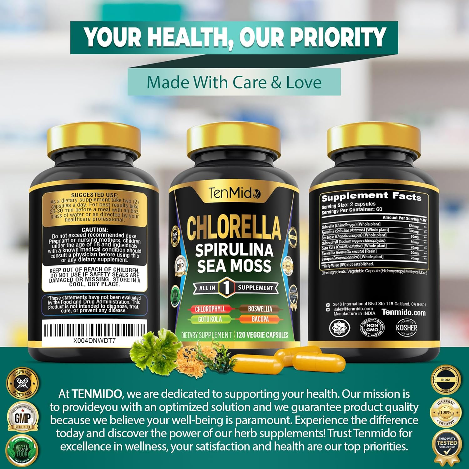 Organic Chlorella Supplement for Men and Women, 7In1 Formula with Spirulina, Sea Moss, Chlorophyll, Gotu Kola, Boswellia & Bacopa - Immune Support - Rich in Nutrient, Vitamins - 120 Capsules image number 4