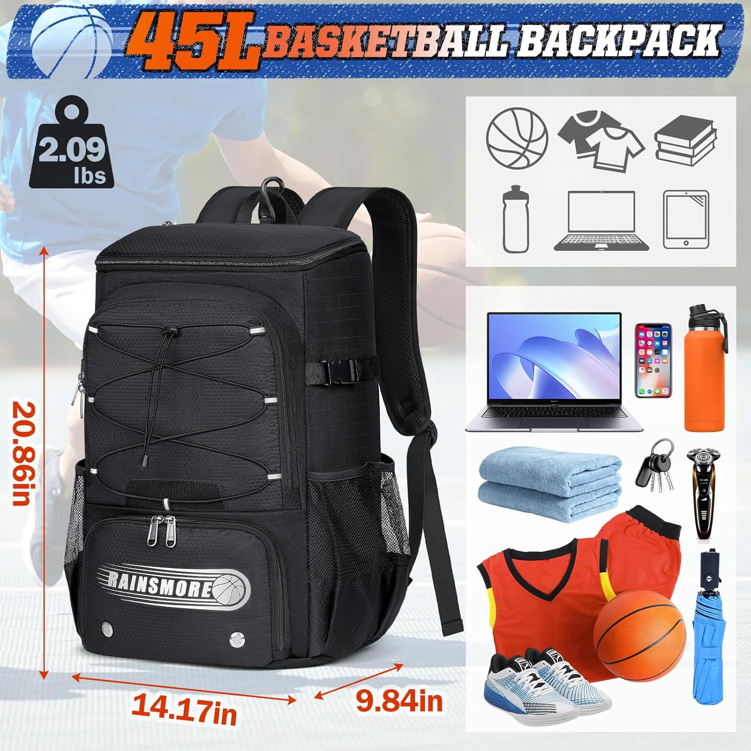 Basketball Backpack 45L Basketball Bag with Separate Ball Holder & Shoes Compartment Water Resistant Sports Bag Basketball Equipment Bags Fit Volleyball, Soccer, Swim, Gym, Travel - Gray image number 3