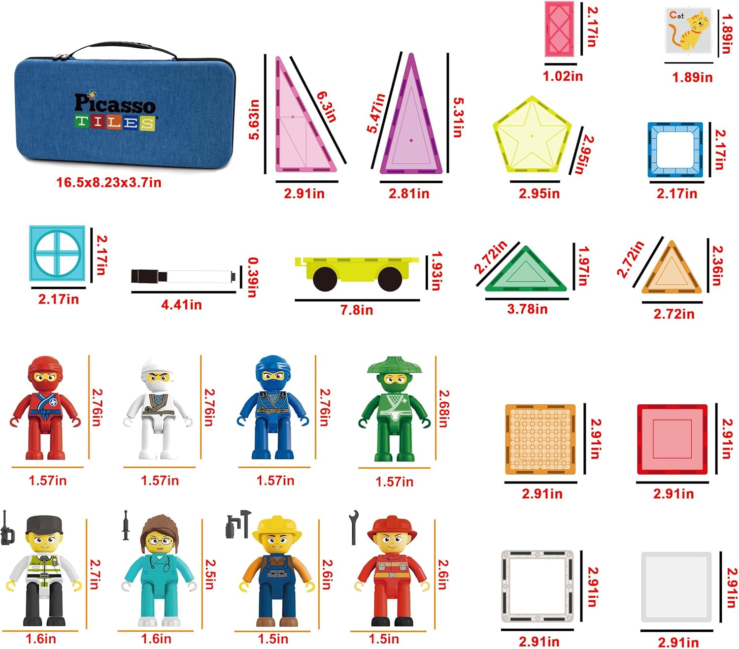 Picassotiles 100Pc Magnet Tile Construction Building Block Set with Carry Case Car Base Magnetic 8Pc Characters Whiteboard Markers Idea Book Magnetized Toy Kit Playset Kids STEM Learning Age 3+ PB01 image number 6