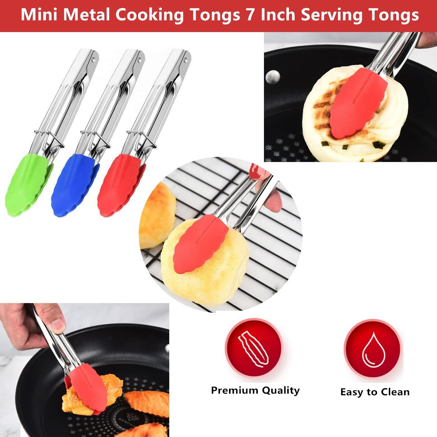 Mini Kitchen Tongs with Silicone Tips,Silicone Serving Tongs of 3 Set,7 Inch Non-Stick Small Tongs with Stainless Steel Silicon Handles, Heat Resistant Tongs for Cooking, Serving (Multi-Color) image number 5