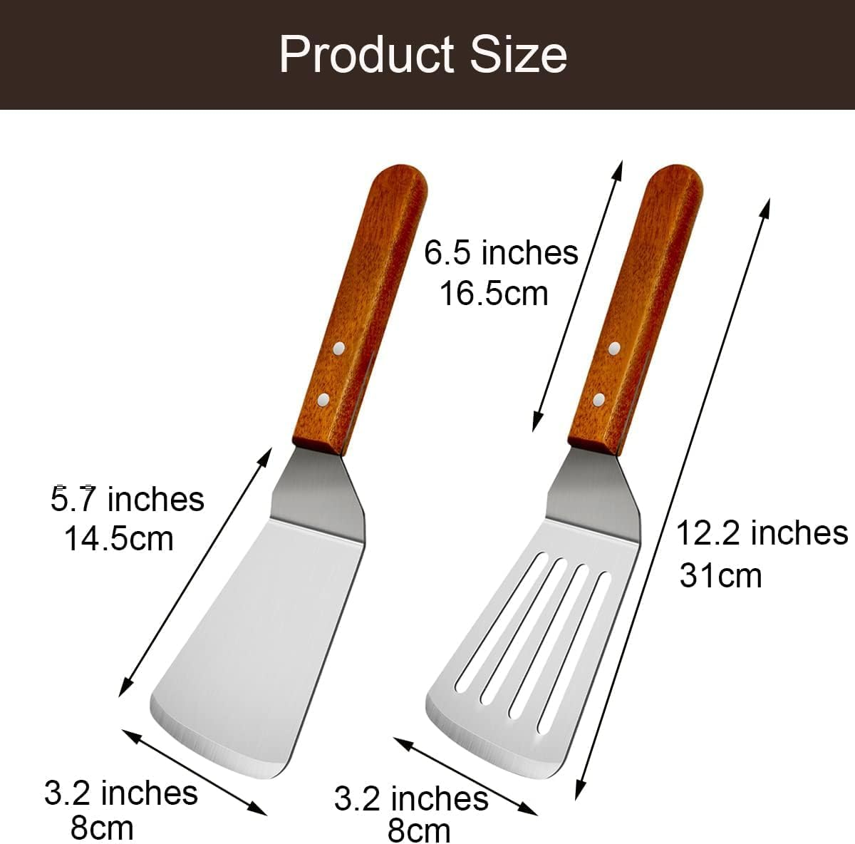 Professional Stainless Steel Spatula and Turner Set, Wooden Handle, Kitchen Utensils for Grilling and Cooking, 2-Piece image number 2
