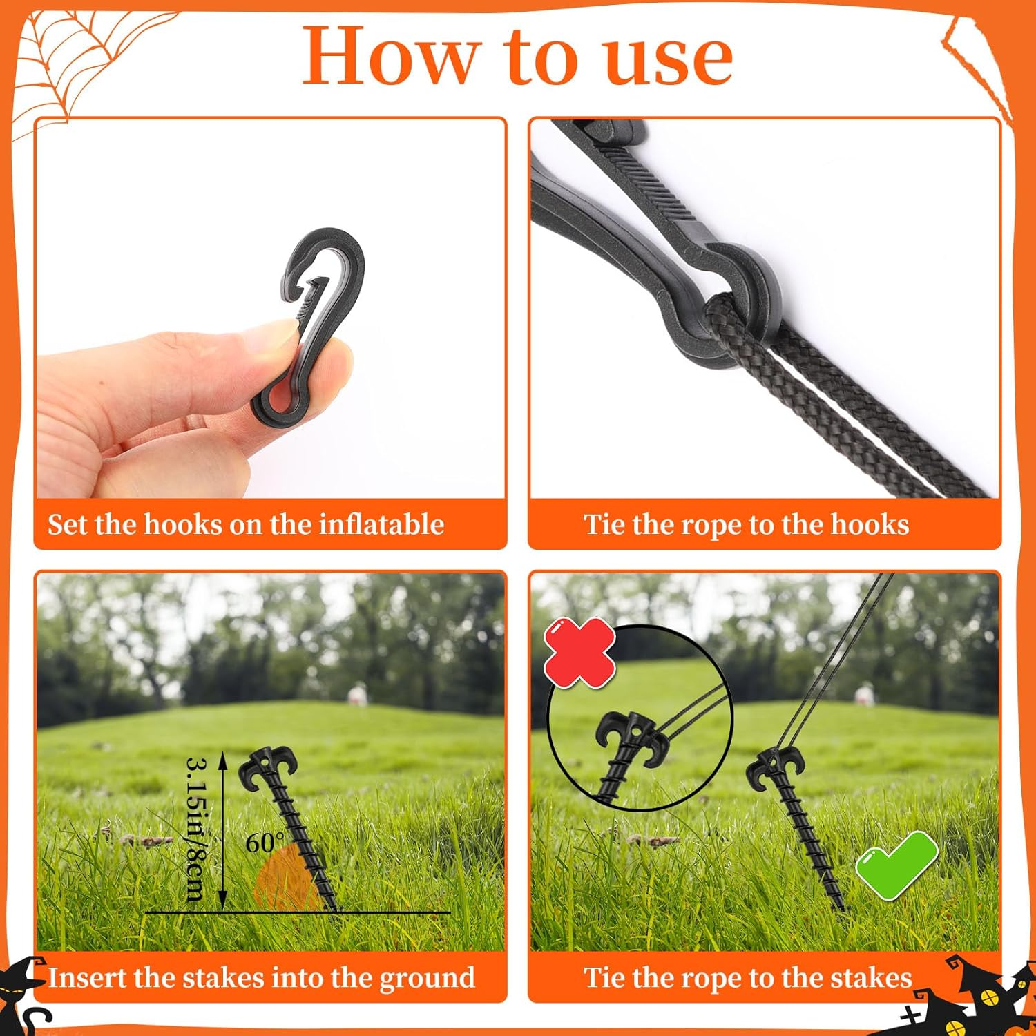 AUGSUN 27 Pieces Plastic Inflatable Stakes Set, Include Tent Stakes, Tethers Ropes and Hooks Heavy Duty Garden Yard Stakes for Halloween Christmas Outdoor Decorations (Black) image number 1