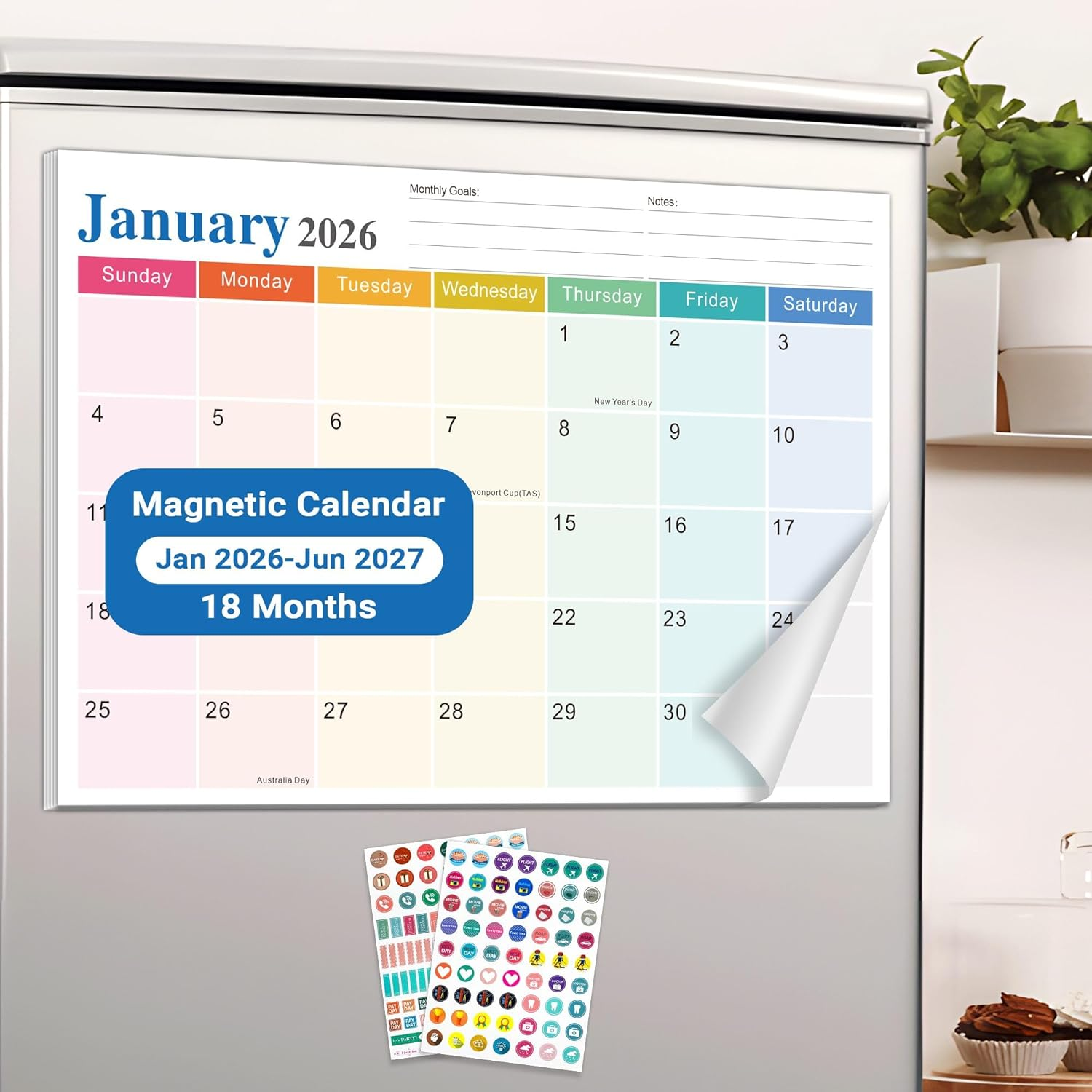 Magnetic Calendar for Refrigerator 2026-2027, 18-Month Fridge Calendars with Australia Holidays & Stickers, Monthly Planner Jan 2026&ndash;Jun 2027 for Home Family Easy Tracking Organizing Planning Gift image number 4