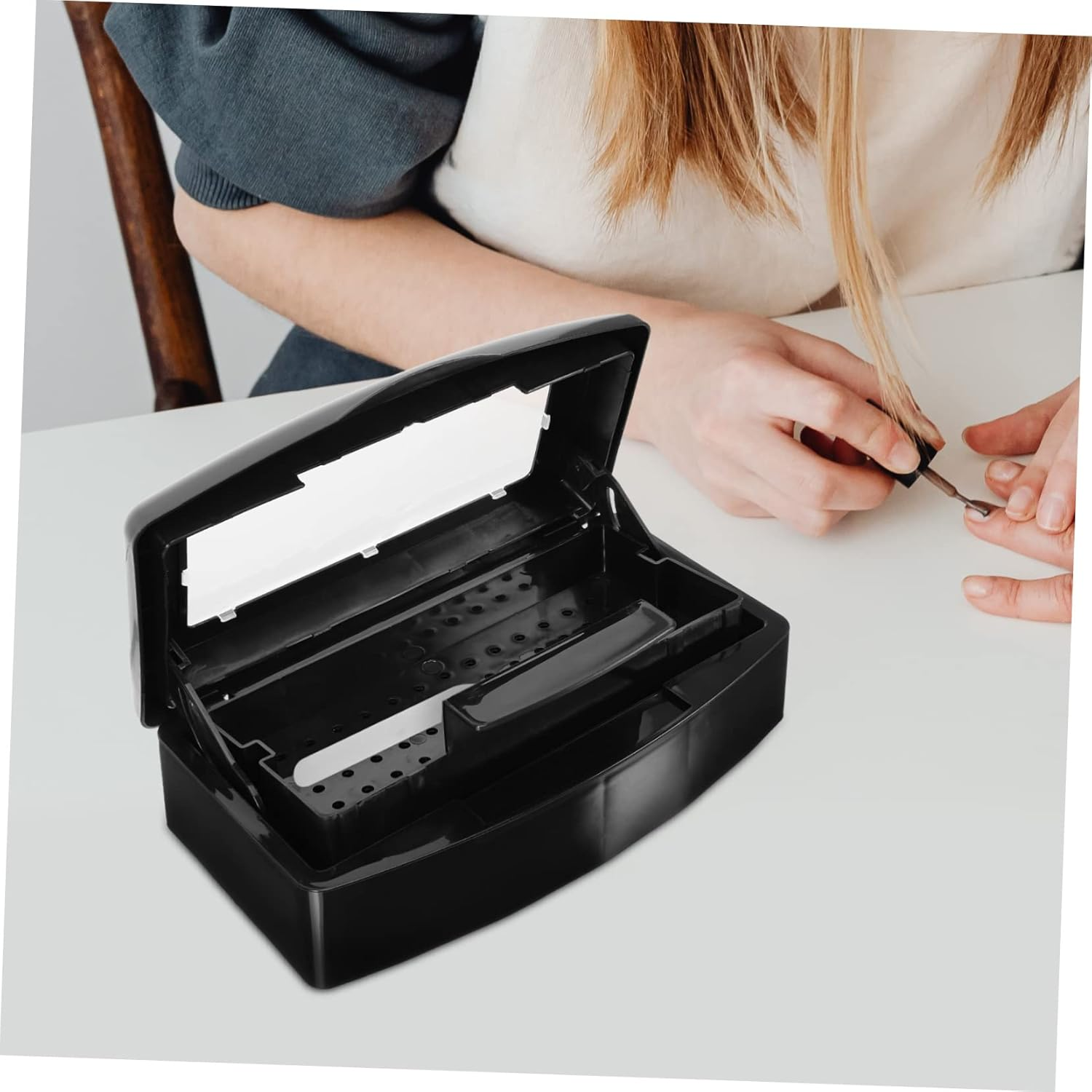 LOLIPPYY Nail Art Tool Sterilizer Box Plastic Tray for Manicure Tools Sterilization Tray for Tweezers and Hair Cutters Portable Beauty Equipment for Professional Use Black Design image number 1