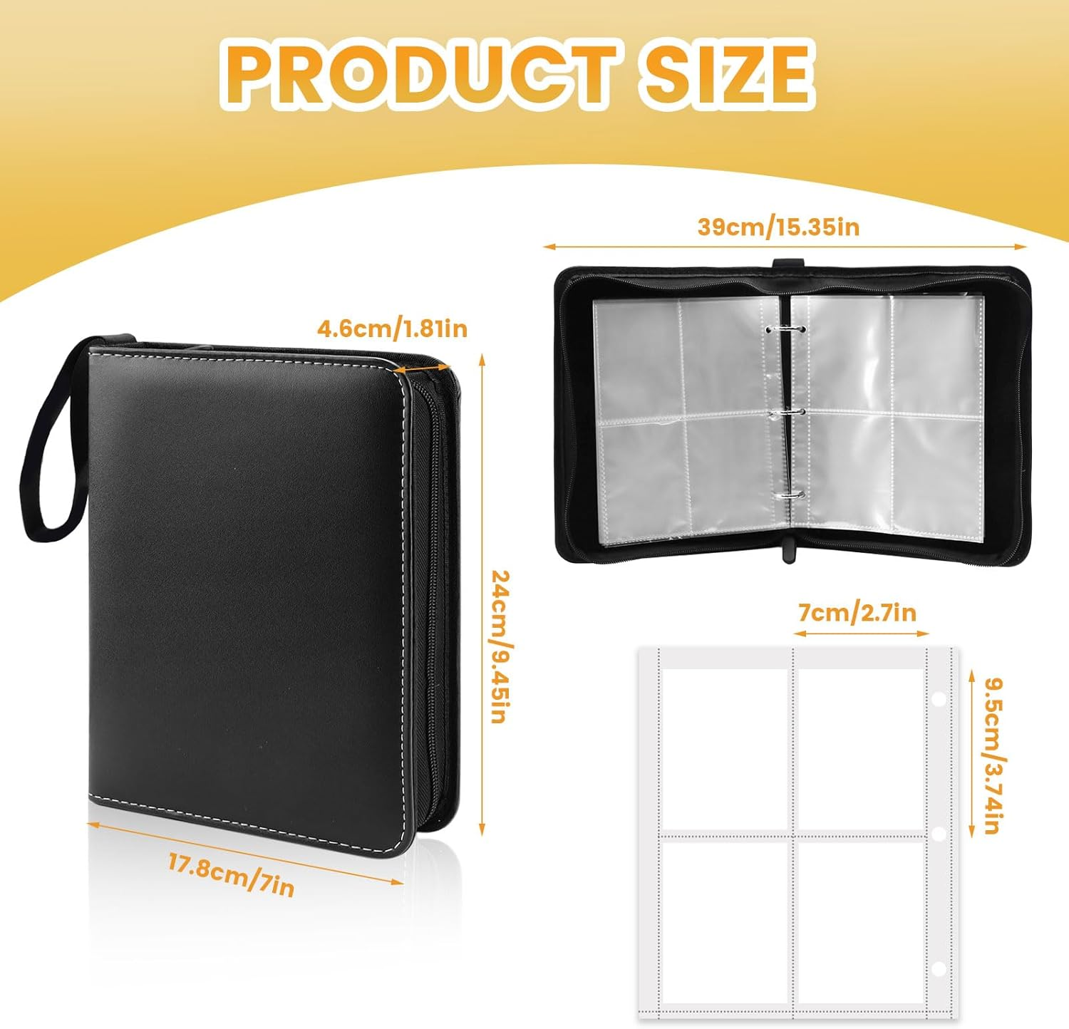 Yitexin Card Binder Case with 400 Pockets, Large Capacity Card Collection Binder with 50 Removable Sleeves, Portable Zipper Collectible Trading Card Albums with Hand Strap for Travel Game (Black) image number 3