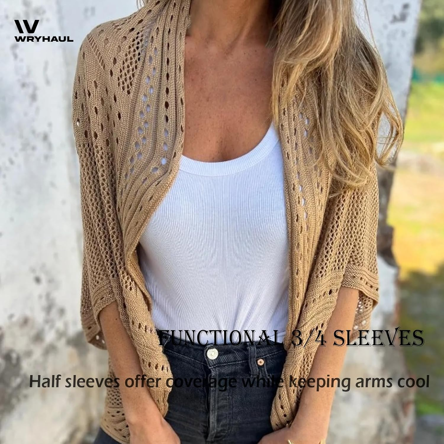 Arisefrom Hollow Half-Sleeve Cardigan, 2025 New Womens Crochet Hollow Out Knit Tops, Lightweight Hollow Knit Half-Sleeve Cardigan, Women Summer Sweater Lightweight image number 2