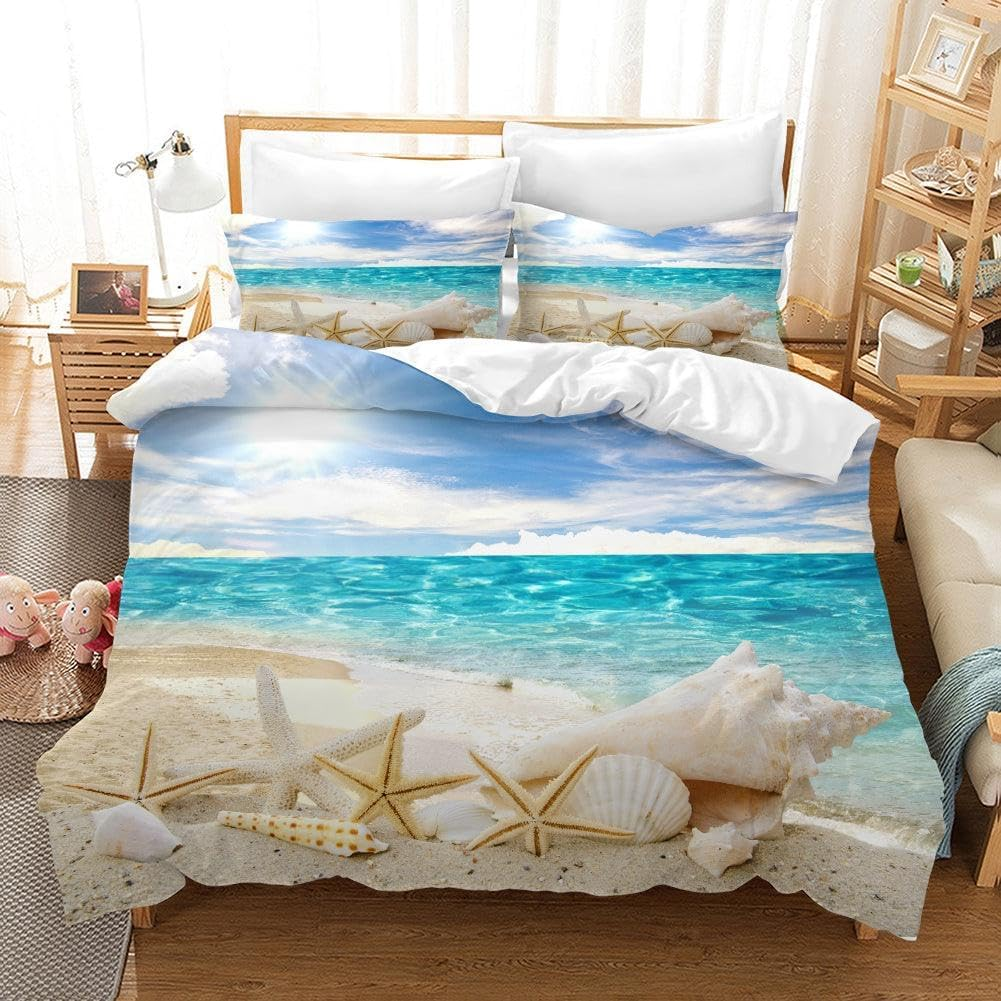 3D Sea Beach Conch Starfish Shell Quilt Cover Set Bedding Set with Pillowcases, Single/Double/Queen/King Size (Double) image number 6