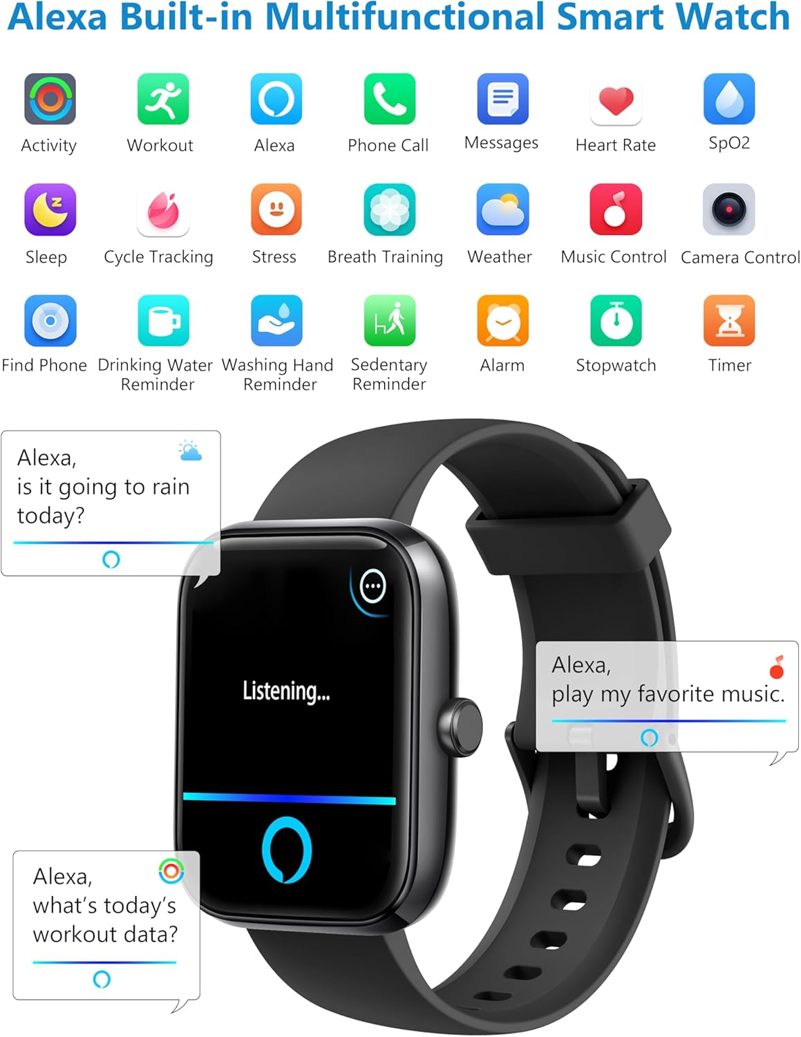 Smart Watch, 1.83" Smartwatch Women Men Answer Make Calls, Alexa Fitness Watch, IP68 Waterproof Fitness Tracker Watch, Heart Rate Monitor, 100+ Sports Pedometer Watch, Timer for Android & Ios Phone image number 3