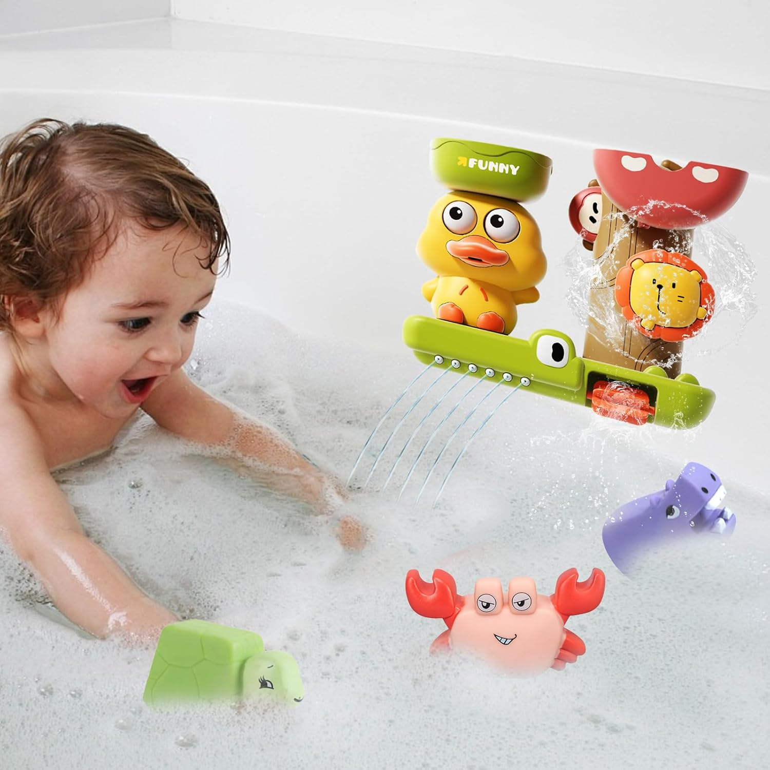 Bath Toys for Toddlers Age 1 2 3 Year Old Girl Boy, Preschool Kids Baby Bathtub Water Toys Cute Duck Design,3 Strong Suction Cups,Bath Wall Toy Waterfall Fill Spin and Flow Birthday Gift Ideas image number 6