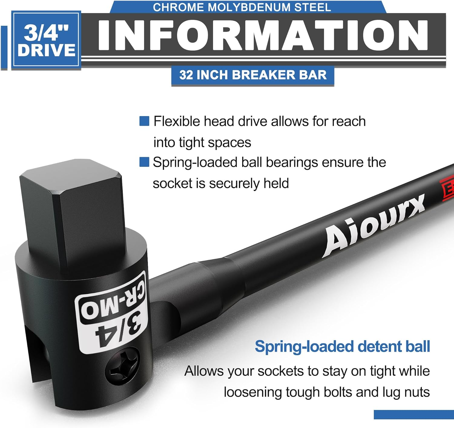 Aiourx 3/4" Drive 810 Mm Breaker Bar, CR-MO Steel Rotating Head, Extra Long Handle for Rusted Frozen Truck Tire Lug Nuts Bolts image number 1
