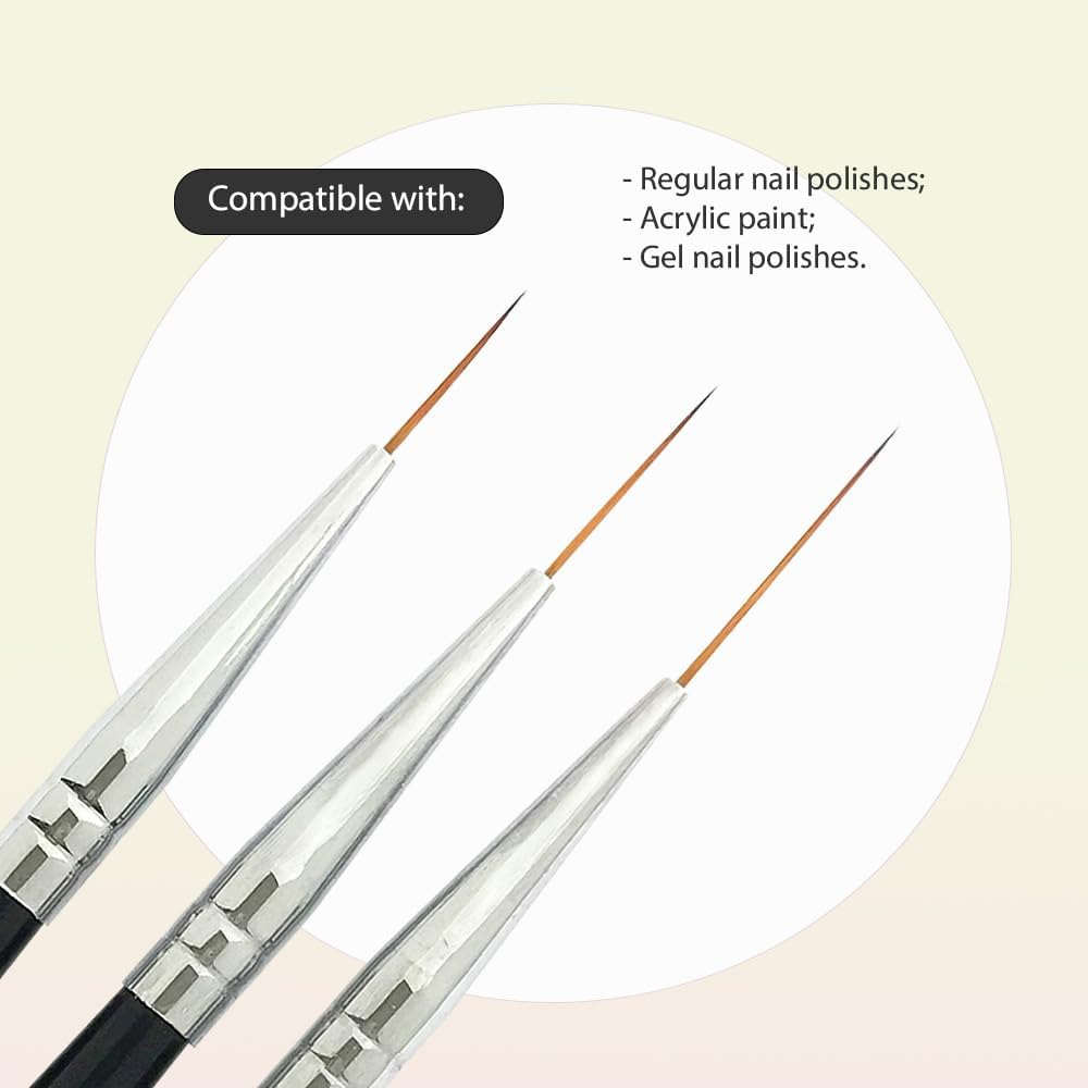 Winstonia Striping Nail Art Brushes for Long Lines, Details, Fine Designs. 3 Pcs Striper Brushes Set - AMAZING TRIO