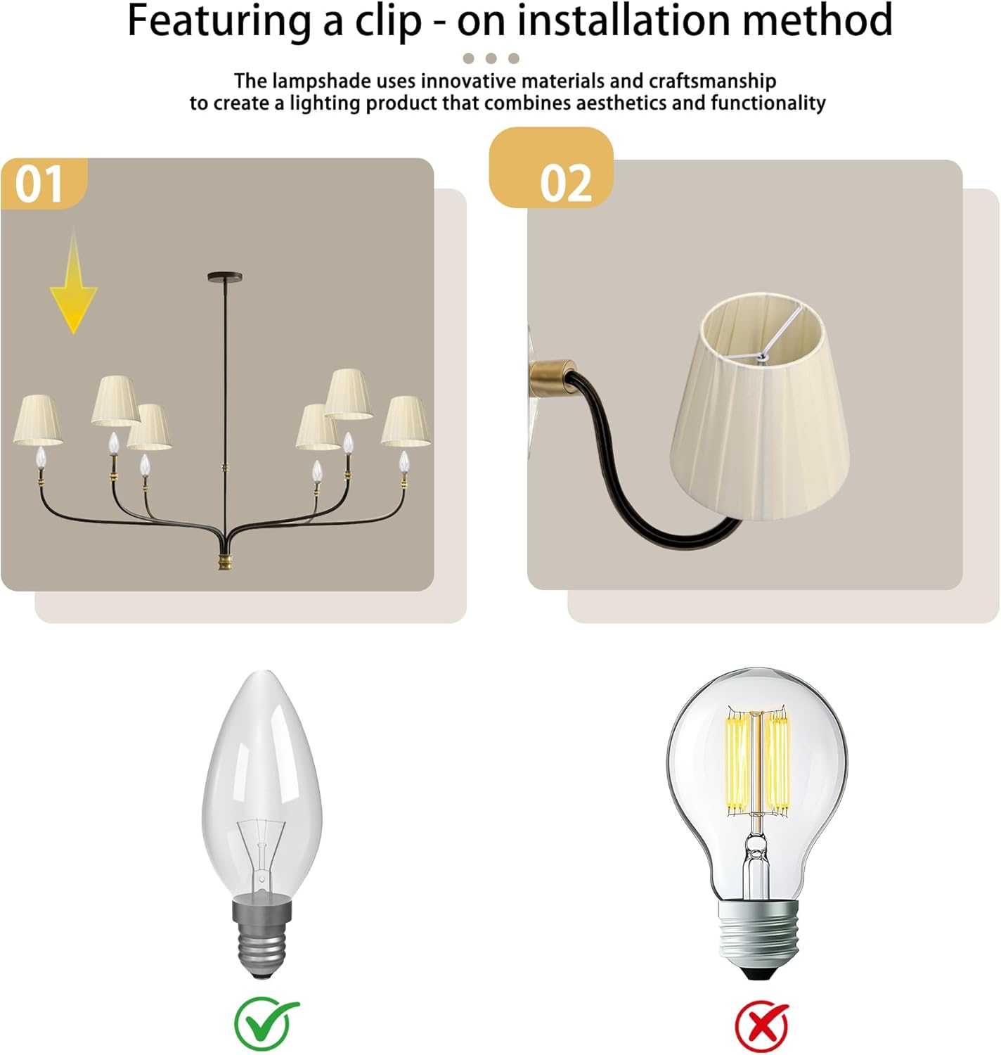 Clip on Lamp Shades Set of 6, Pleated Beige Small Empire Fabric Replacement Shades for E14 Candelabra Bulbs &ndash; for Chandeliers, Wall Sconces & Table Lamps image number 5