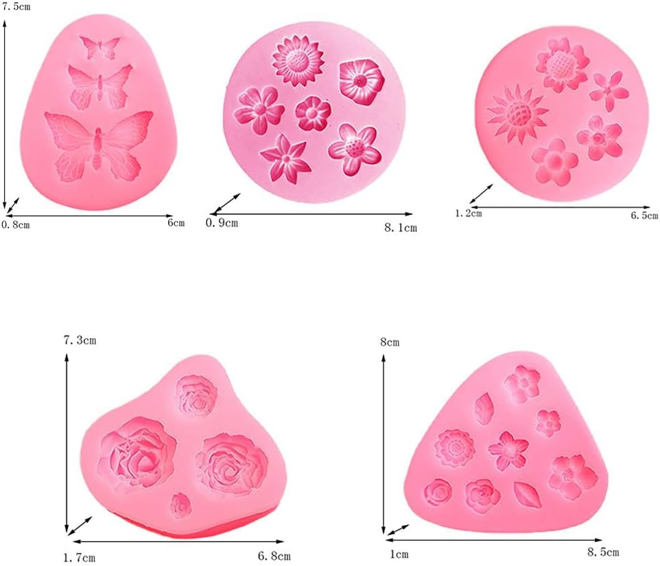 8 Pcs Fondant Silicone Molds Set, Esforzarse Mini Flower Butterfly Molds Leaf Molds, Rose Butterfly Daisy Rose Leaf DIY for Chocolate Candy Dessert Cake Decorating(Pink) image number 1