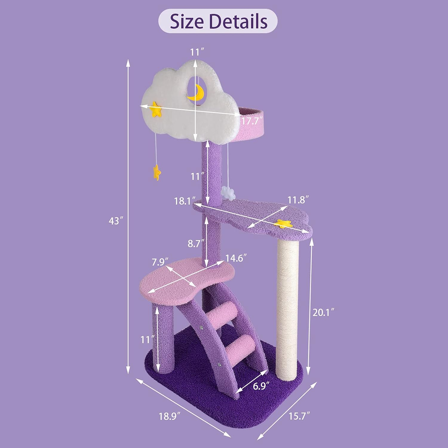 Lucky Monet 43 Inches Cat Tree Tower for Indoor Cats, 3-Layer Purple Cute Purple Pink Cat Tree Unique Cat Condo with Scratching Post image number 3