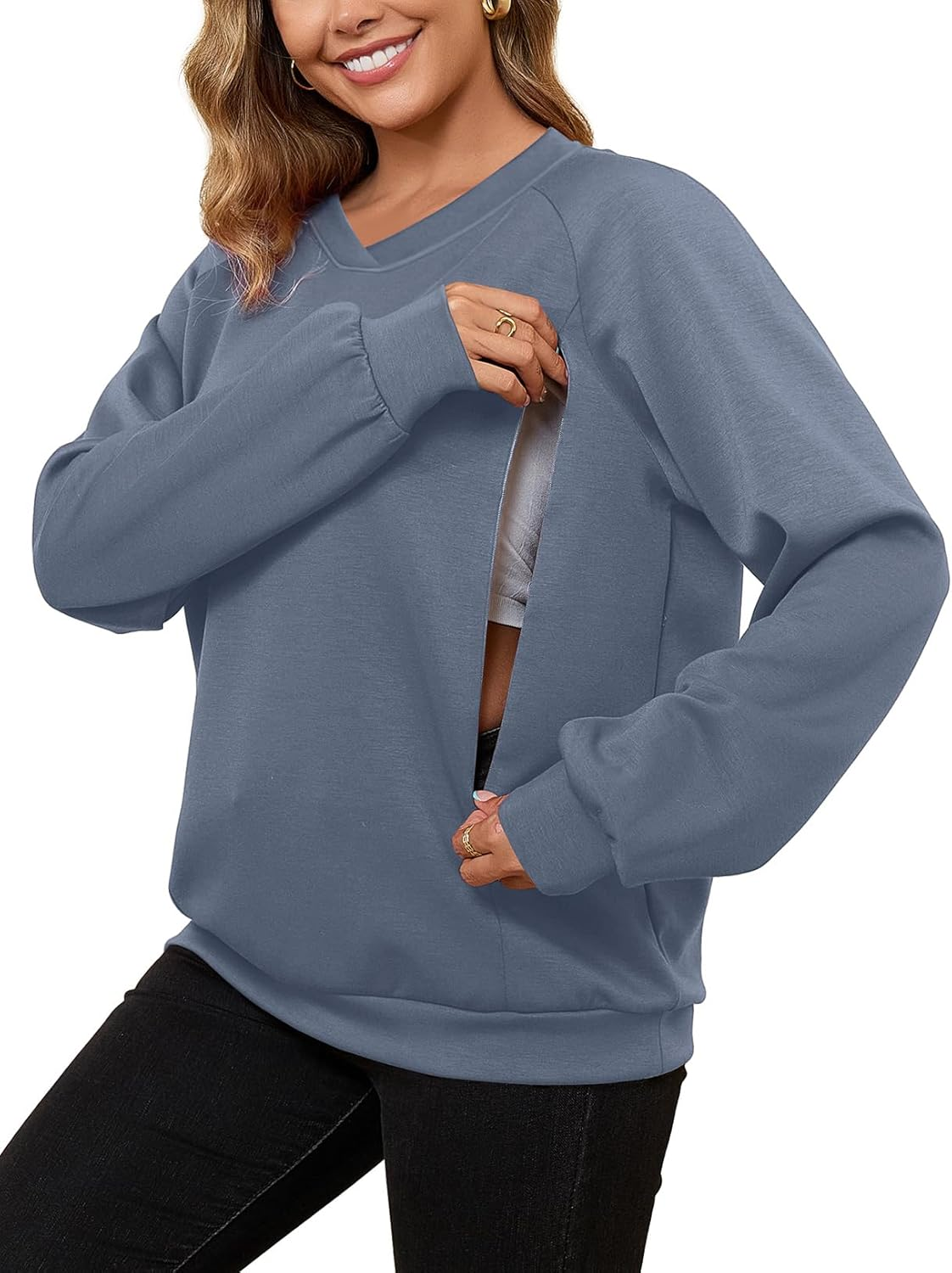 Bhome Nursing Sweatshirt Long Sleeve V Neck Breastfeeding Shirts Zipper Maternity Pumping Tops Pregnancy Sweater Pullover