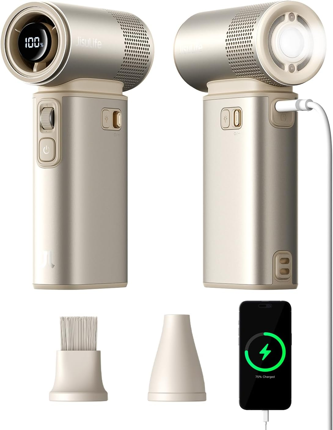 JISULIFE Portable Handheld Fan 5 in 1, 100 Speed, 9000Mah Max 25 Hrs Mini Fan Rechargeable 18W Power Bank with Flashlight, Ultra Motor, Metal Shell Multi-Function Travel Gifts for Women Men-Brown