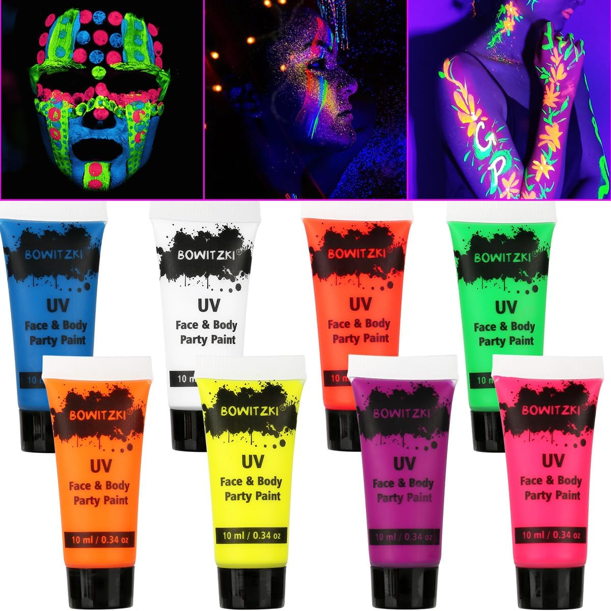 Bowitzki UV Neon Face Body Paint 8 Tubes 0.34Oz Liquid Kit Black Light Glow in the Dark Makeup Set Fluorescent Painting for Adults Kids Music Festivals Party Halloween Christmas image number 4