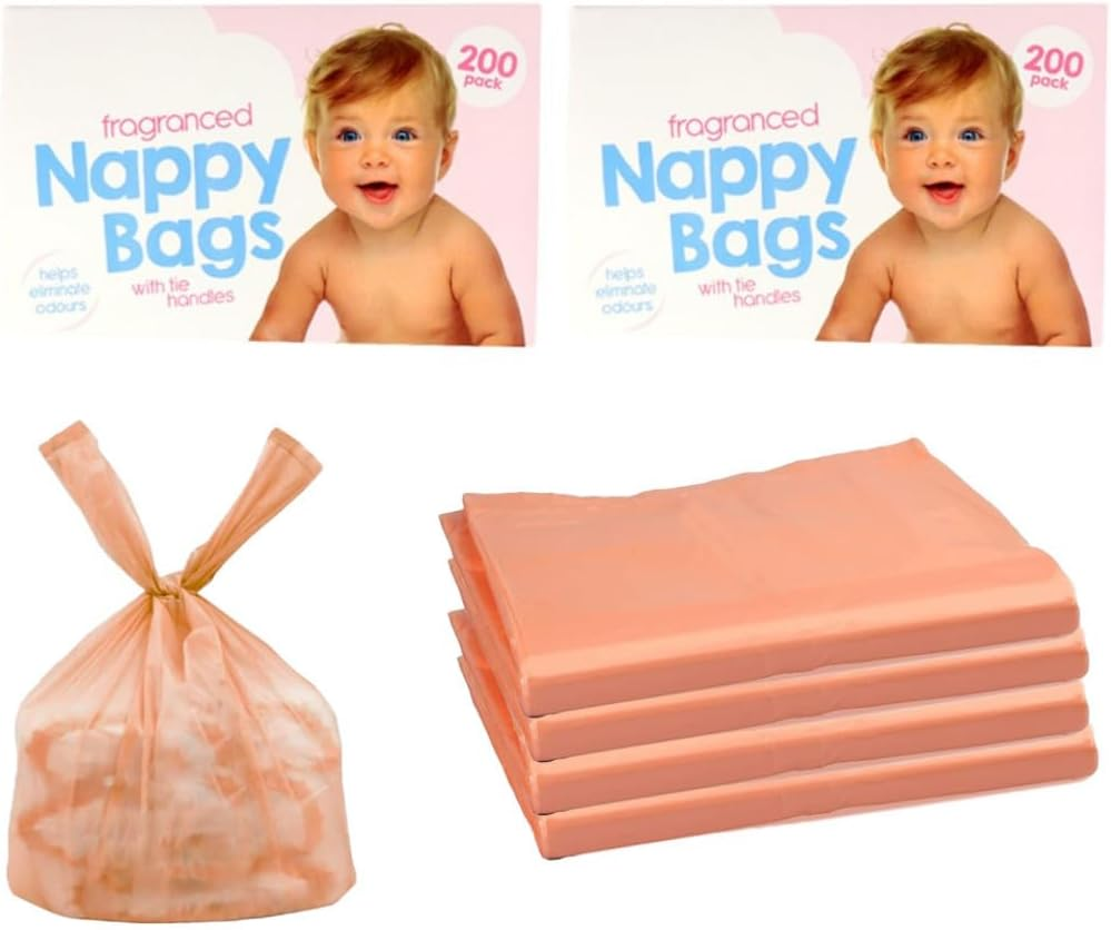 400 Coloured Nappy Bags with Tie Handles, Fragranced for Eliminating Odours, Durable and Leak-Proof, Light-Weight and Perfect for Babies Travel Bags