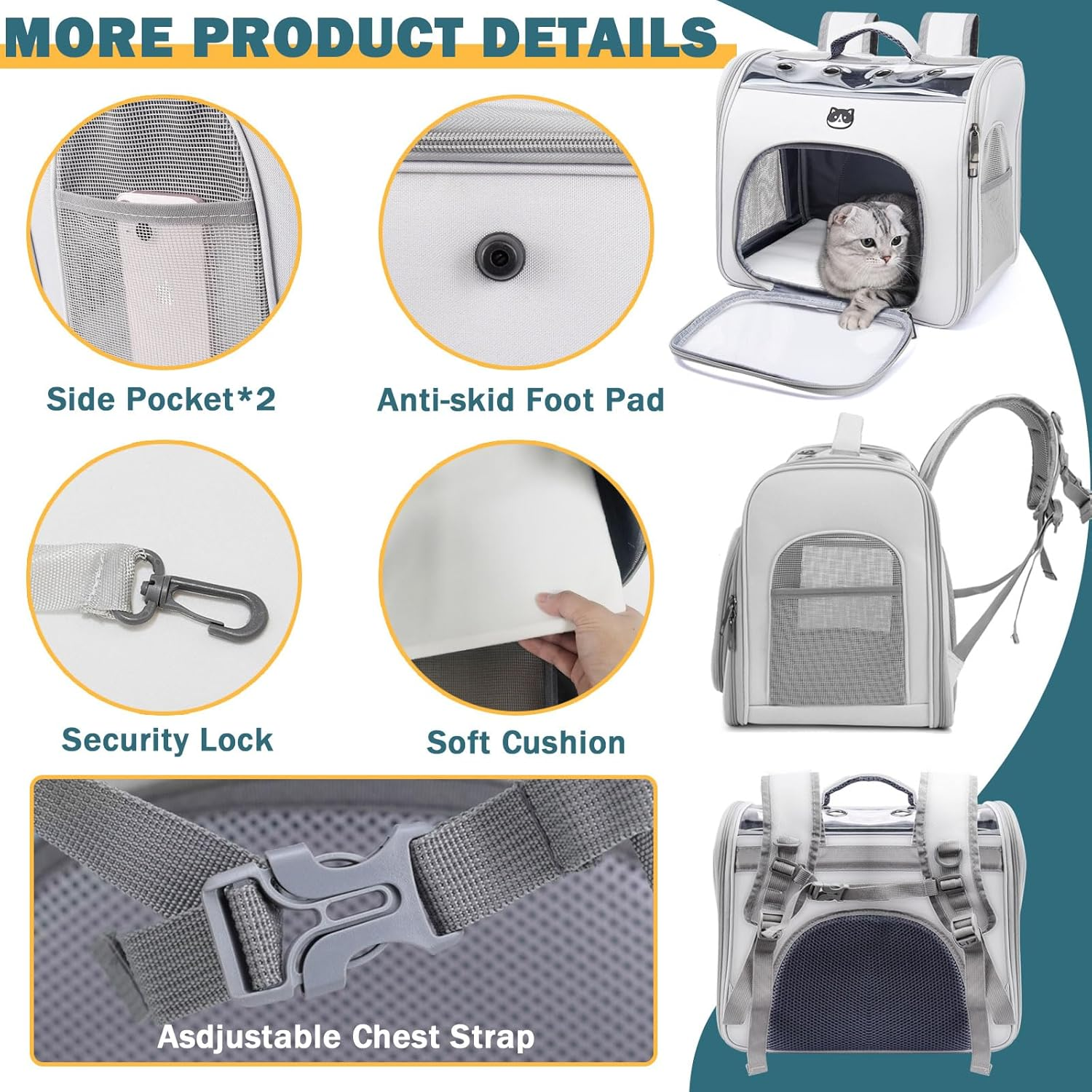 Onebarleycorn Cat Backpack with Window Cat Backpack Transport for Cats and Small Dogs up to 2-8 Kg Breathable Foldable Grey image number 2