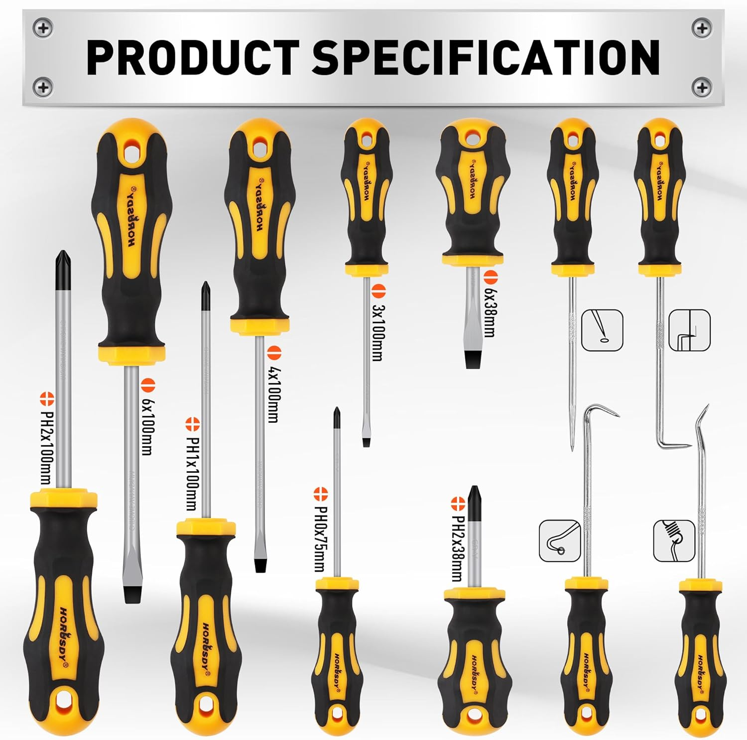 HORUSDY 13-Pieces Screwdriver and Pick Hook Set, Magnetic 4 Phillips and 4 Flat Head Tips and Precision Automotive Hook Set for Fastening and Loosening image number 1