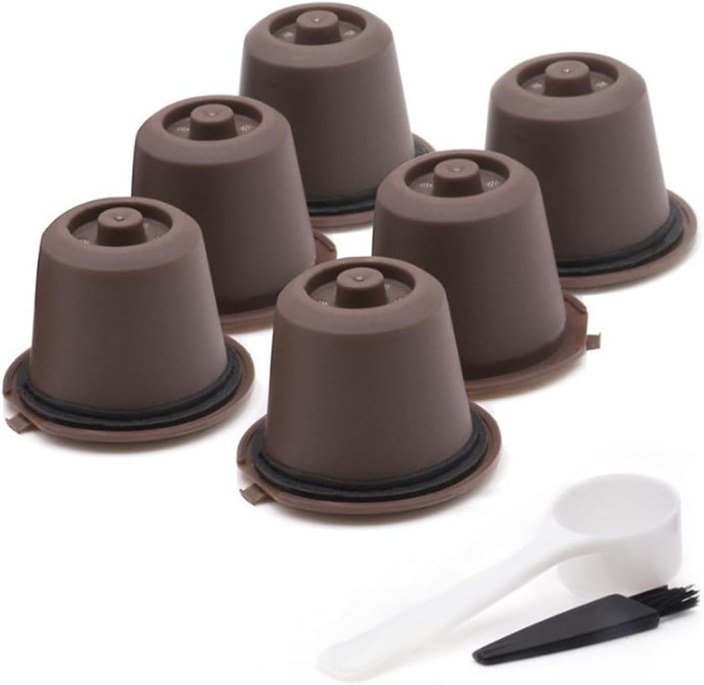 AIMALL 6PCS Reusable Coffee Capsule Pods for Nespresso Machines, Compatible with Nestle Nespresso, Food-Grade PP with 304 Stainless Steel Filter, Includes Spoon & Brush