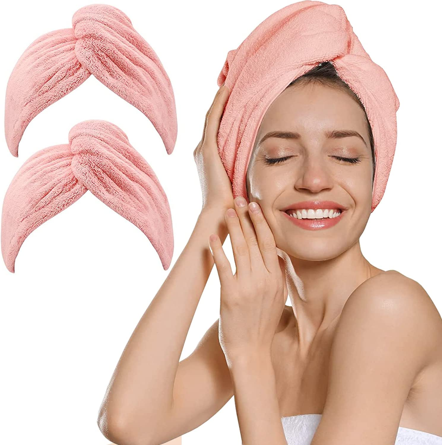 2 Pack Microfiber Hair Towel Wrap AUMA Super Absorbent Twist Turban for Women Fast Drying Hair Caps with Buttons for Drying Curly, Long & Thick Hair anti Frizz (Pink) - Light Blue image number 6