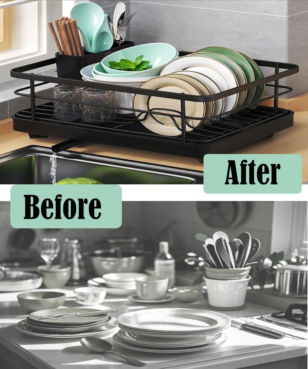 Dish Drying Rack- Space-Saving Dish Rack, Dish Drainers for Kitchen Counter, Stainless Steel Kitchen Drying Rack with a Cutlery Holder, 29.0 X 38.1 X 12.7 Cm, Black image number 5