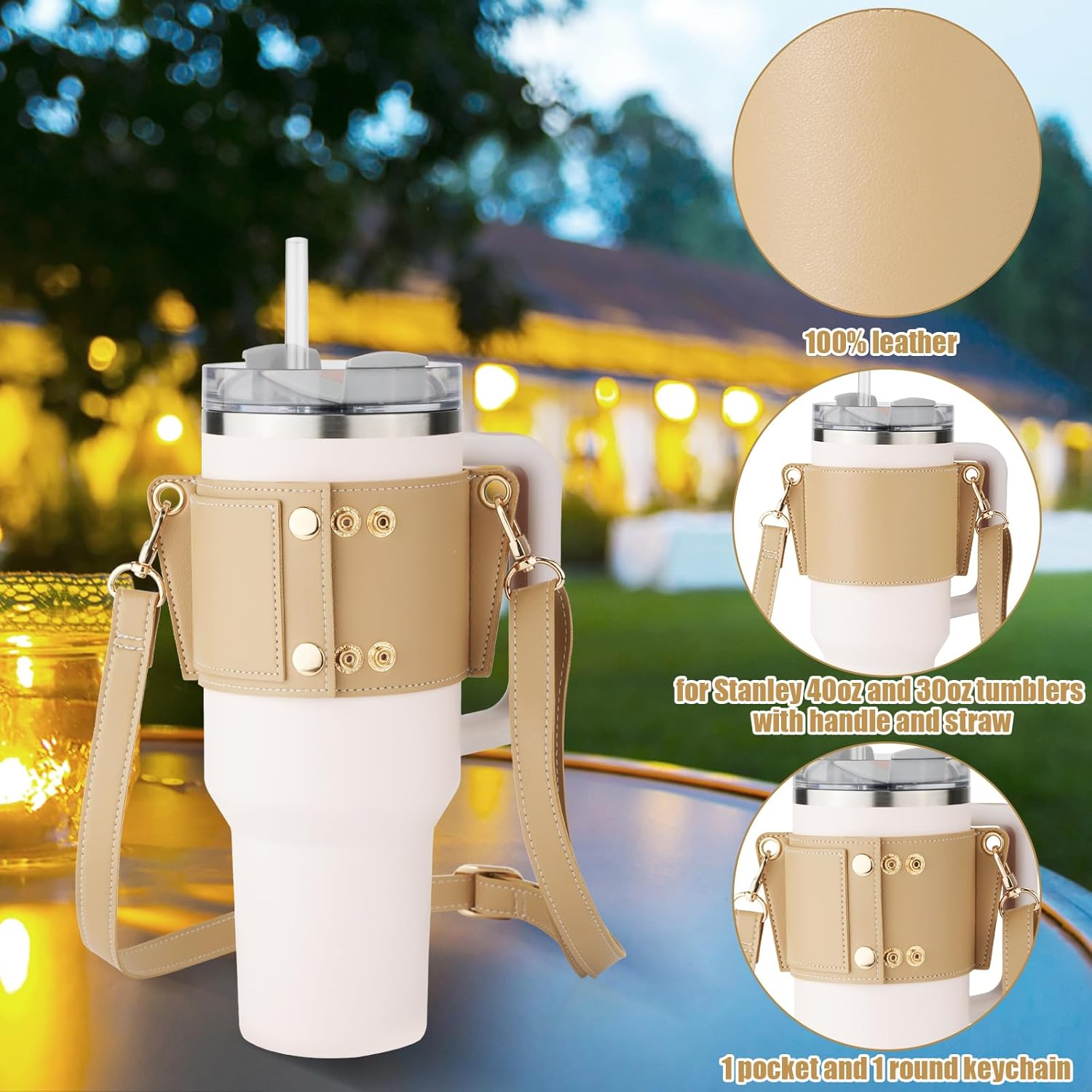 PEUTIER Water Bottle Holder with Strap for Stanley Cup, Adjustable Leather Carrier Strap Water Bottle Bag Compatible with Stanley 40Oz & 30Oz Tumbler with Handle(Apricot) - Apricot image number 4