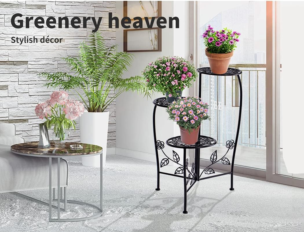 Levede 3 Tier Plant Stand 73Cm Tall Metal Indoor Outdoor Flower Pots Shelf Holder Balcony Garden Display Corner Shelf Wrought Iron Black image number 3
