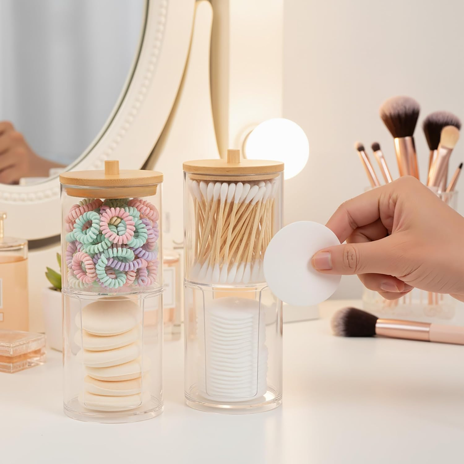 2-Pack Acrylic Organizer with Bamboo Lids - Stackable Bathroom Counter Holder & Dispenser for Cotton Balls, Swabs, Pads, Floss, Bath Salts image number 3
