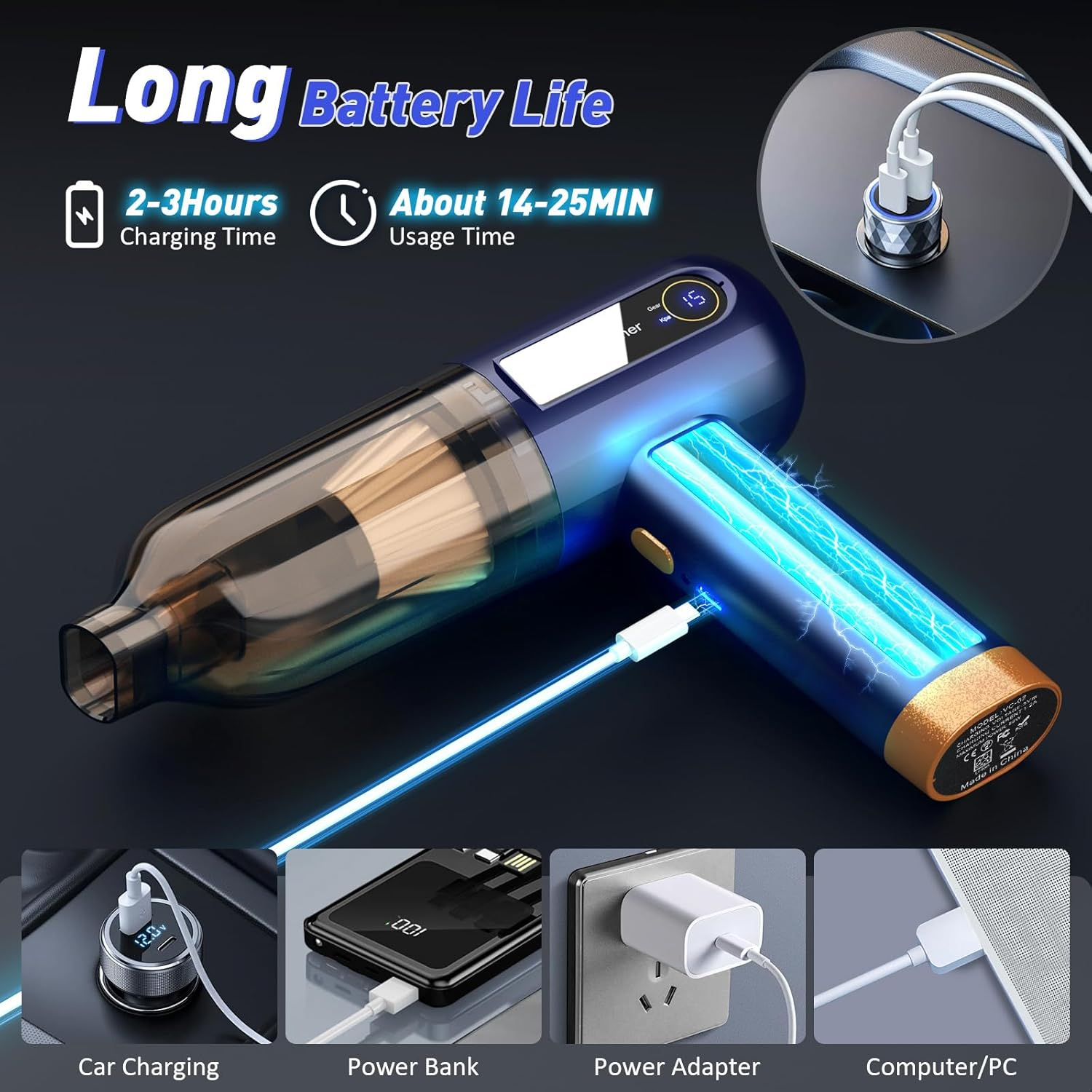 Musclez Car Vacuum Cleaner, 15000PA Mini Portable Handheld Car Vacuum Rechargeable Dust Buster, Wireless Air Blower, LED Display Powerful Cordless Vacuum Cleaner for Home Pet Hair Office(Blue) image number 3