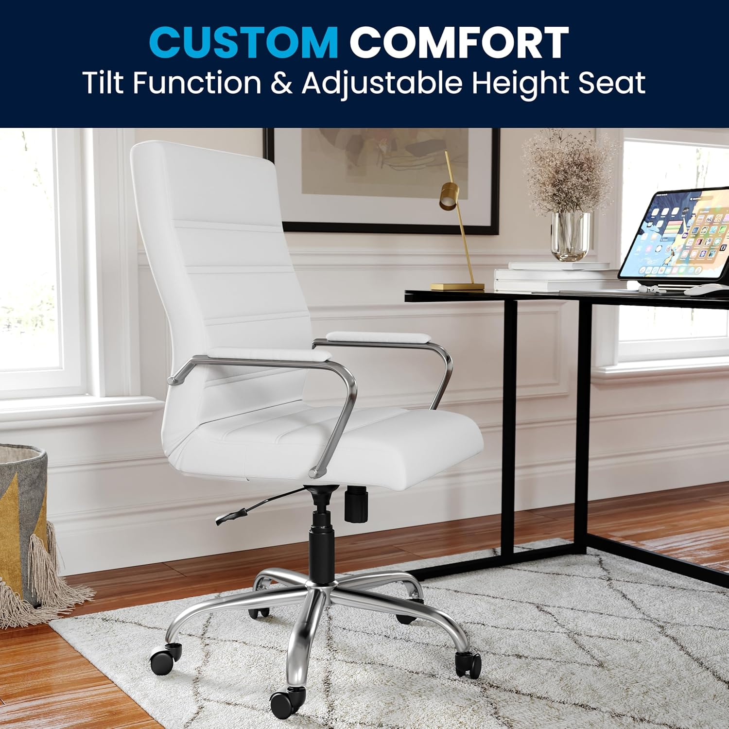 Flash Furniture High Back Office Chair | White Leathersoft Office Chair with Wheels and Arms image number 5
