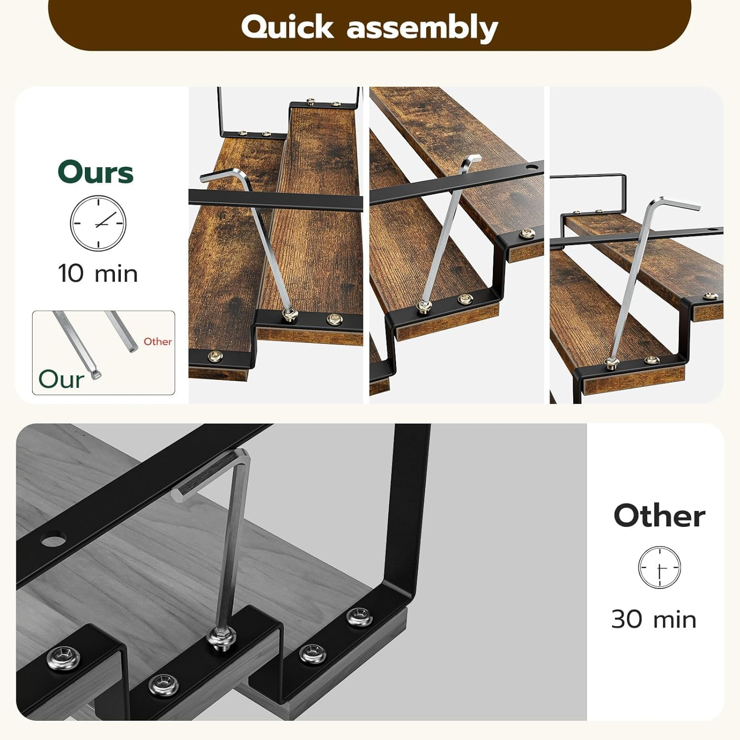 3-Tier Spice Rack Organiser, Kitchen Cabinet Shelf with Wood and Metal Design, 30 Cm Wide, Set of 2, Rustic Brown image number 1