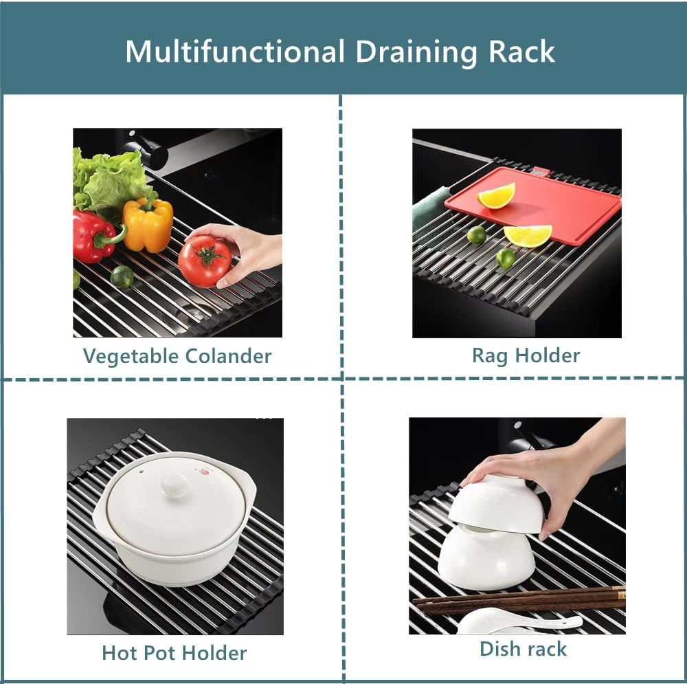 Dish Drying Rack Roll Up, over the Sink Dish Drying Rack Kitchen Rolling Dish Drainer, Foldable Sink Rack Mat Stainless Steel Dish Drying Rack for Kitchen Sink Counter Storage Organizer image number 4