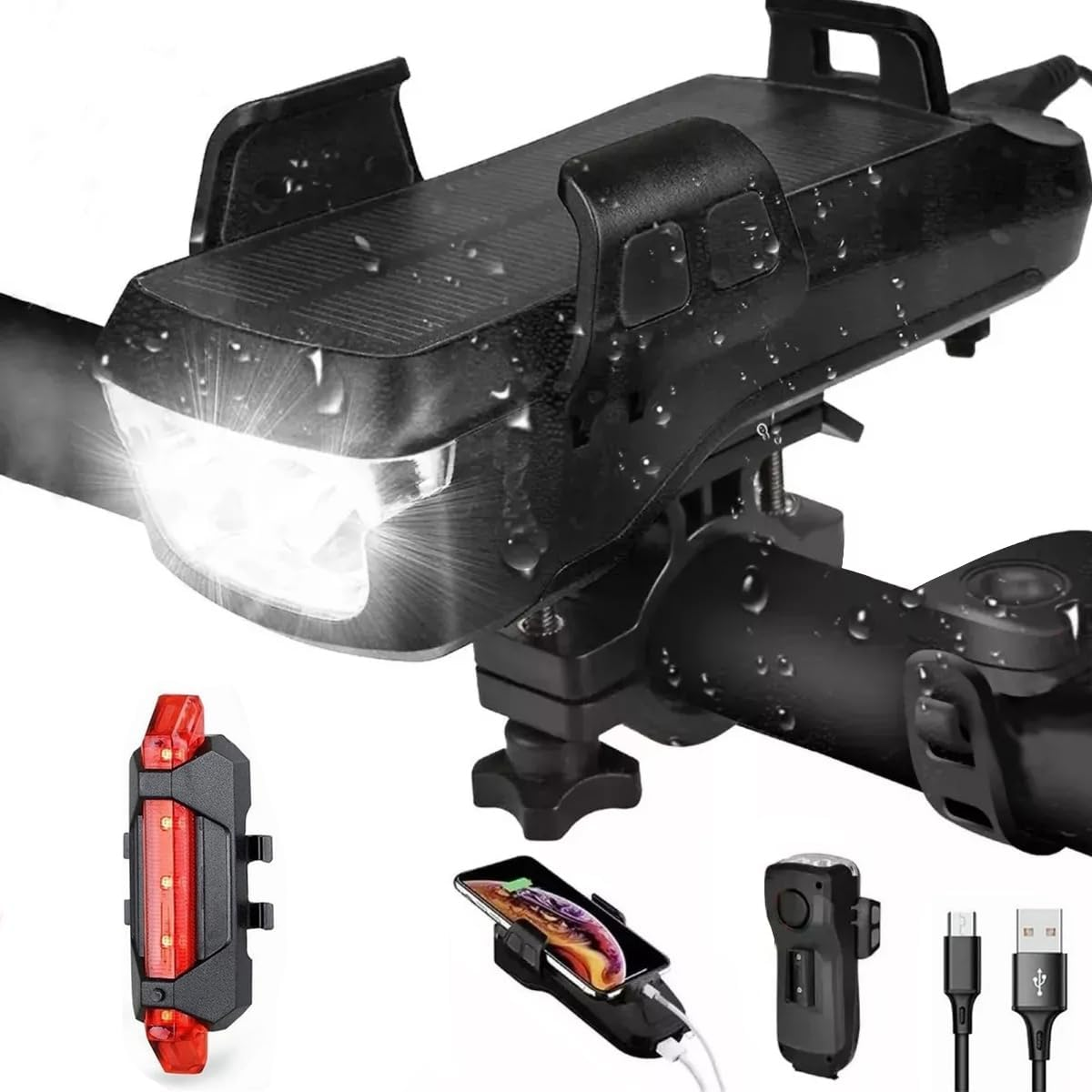 Bike Light, Bike Accessories, Set for Bike Light+ Bike Back Light + Phone Holder + High Decibel Speaker + Charging Cable ， Ipx6 4000Mah ，Black