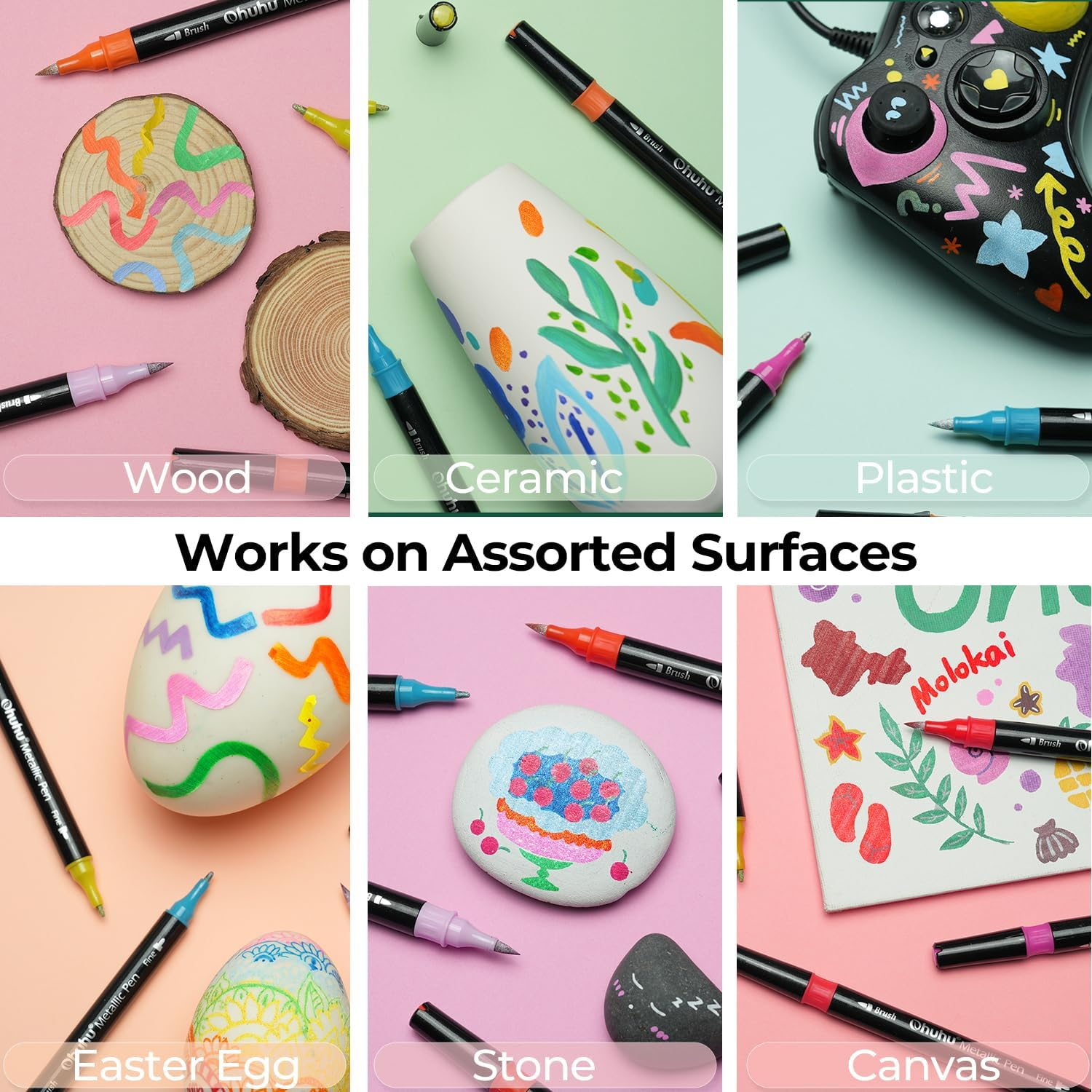 Ohuhu 24 Brush Metallic Markers, Dual Tip Glitter Pen, Acrylic Paint Pens with Brush and Fine Tips, Premium Window Marker for DIY Cards, Coloring Books, Scrapbook, Paint Rock Art, DIY Craft image number 5