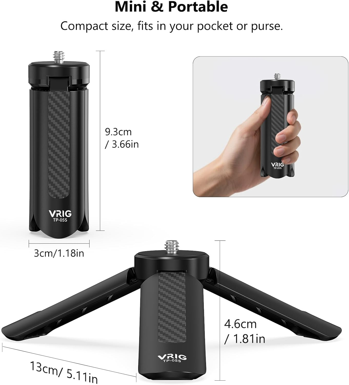 VRIG Mini Tripod Stand, Portable Selfie Stick Tabletop & Travel Tripods with 1/4" Standard Screw Suitable for Camera, DJI OSMO Mobile 2, ZHIYUN Smooth, Feiyu Gimbal Handle Grip Stabilizer image number 6