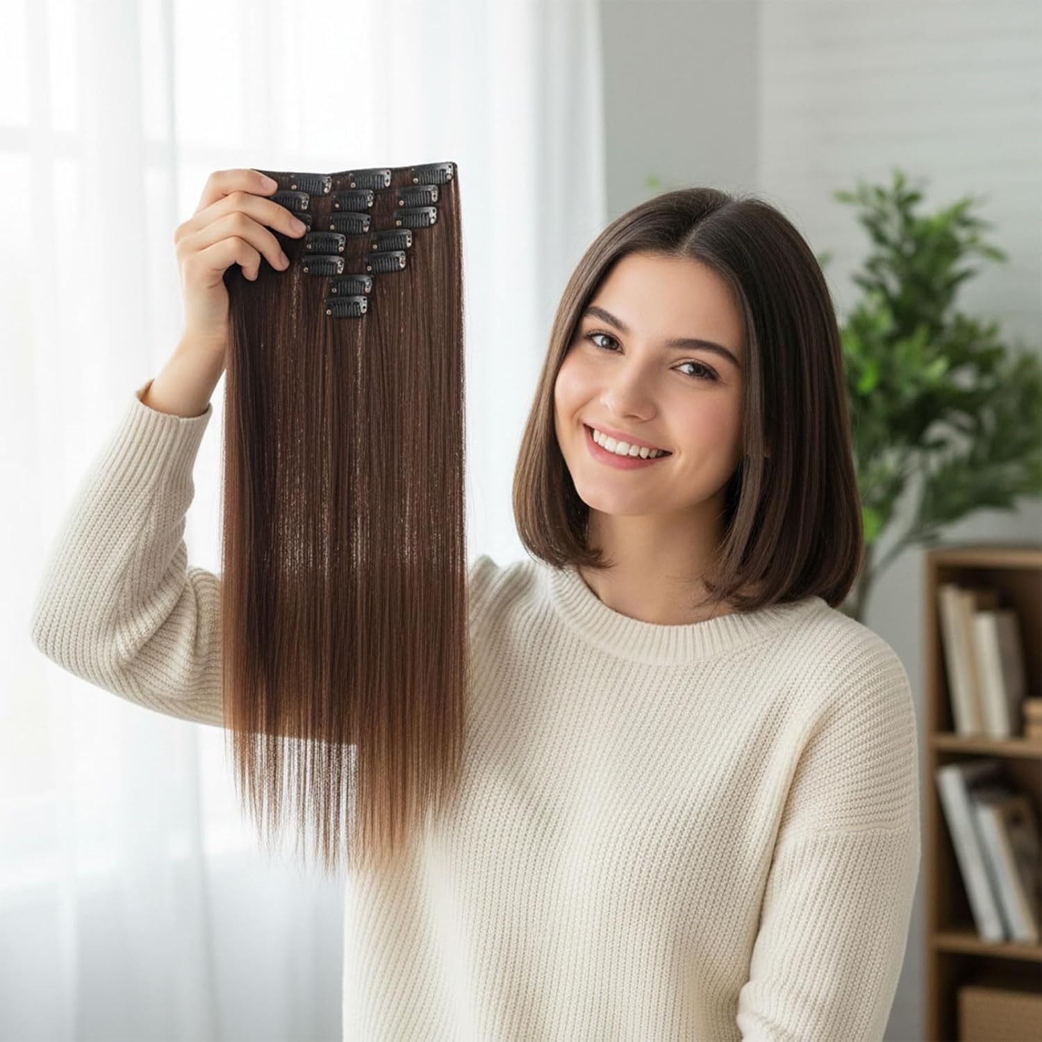 Clip in Hair Extension Set,Brown Full Head, 7Pcs 16 Clips 60Cm Long, Natural-Looking Volume&ndash; CRFY (BROWN) image number 5