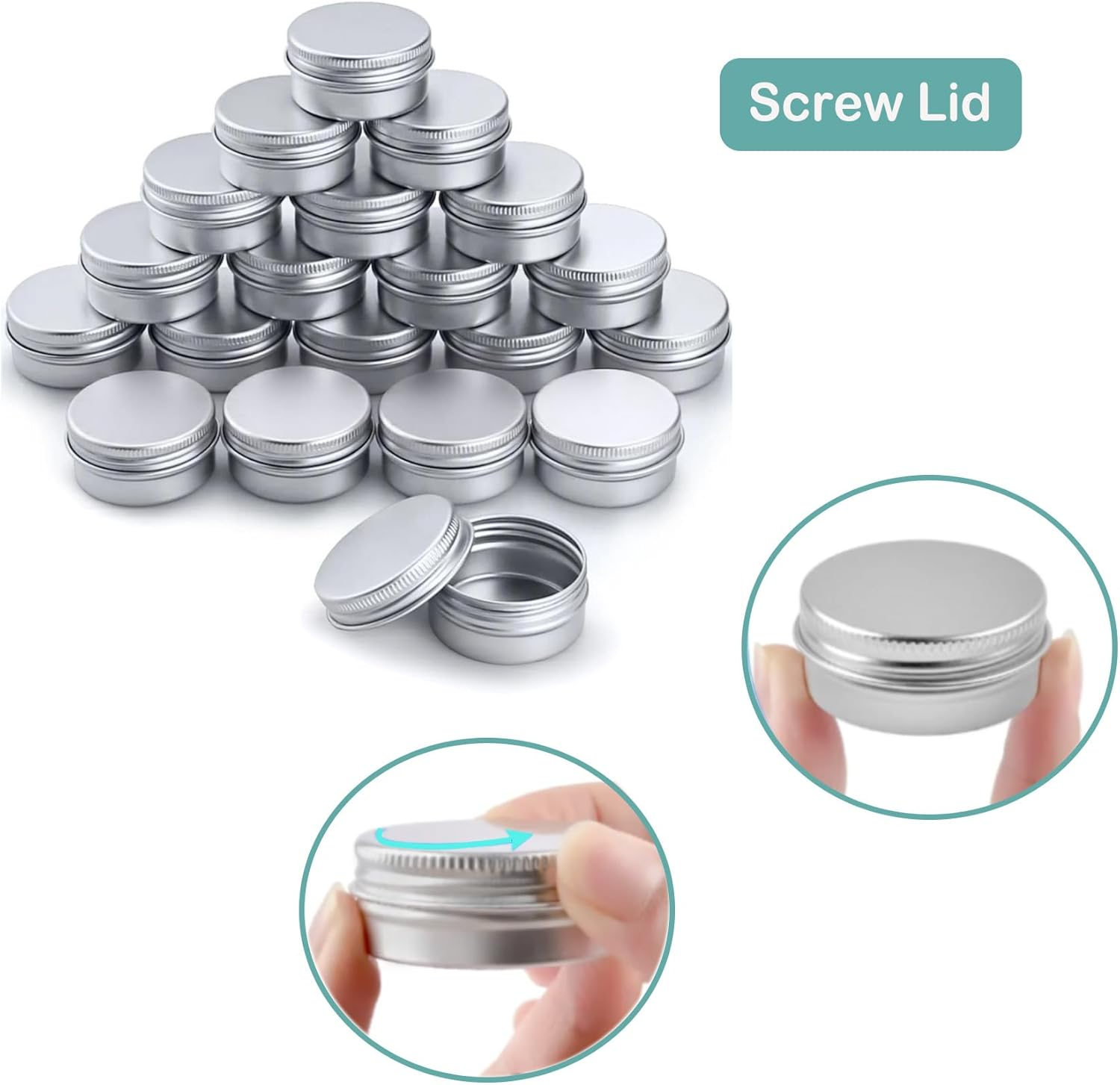 25 Pack (2 Oz/60Ml) 、（2 Oz/100Ml）Screw Top round Aluminum Tin Cans, Metal Tin Storage Jar Containers with Screw Cap for Lip Balm, Cosmetic, Candles, Salve, Make Up, Eye Shadow, Powder, Tea (Silver) image number 5