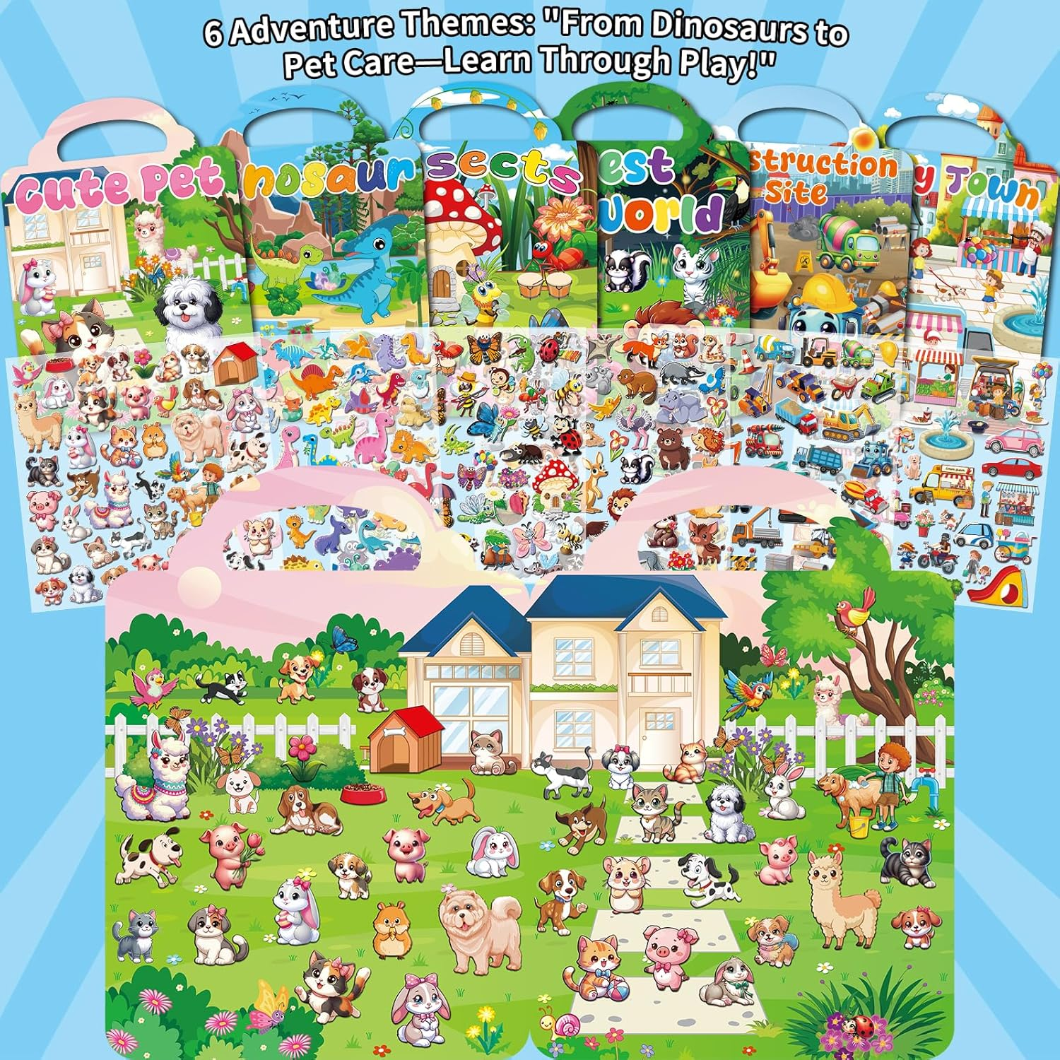 6 Pack Reusable Puffy Sticker Book for Kids 2-4, Reusable Sticker Pad, Includes 6 Themes Dinosaurs,Construction Site, Forest World, Insects, Busy Town, Cute Pet, Sticker for Toddlers 1-3 - Blue image number 2