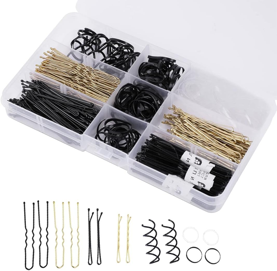 Aililong Hair Pins Set 343 Pieces - Bobby Pins, U Hair Clips, Spiral Hair Pins, Hair Scrunchie - Hairstyle Accessories for Girls - Storage Box Included