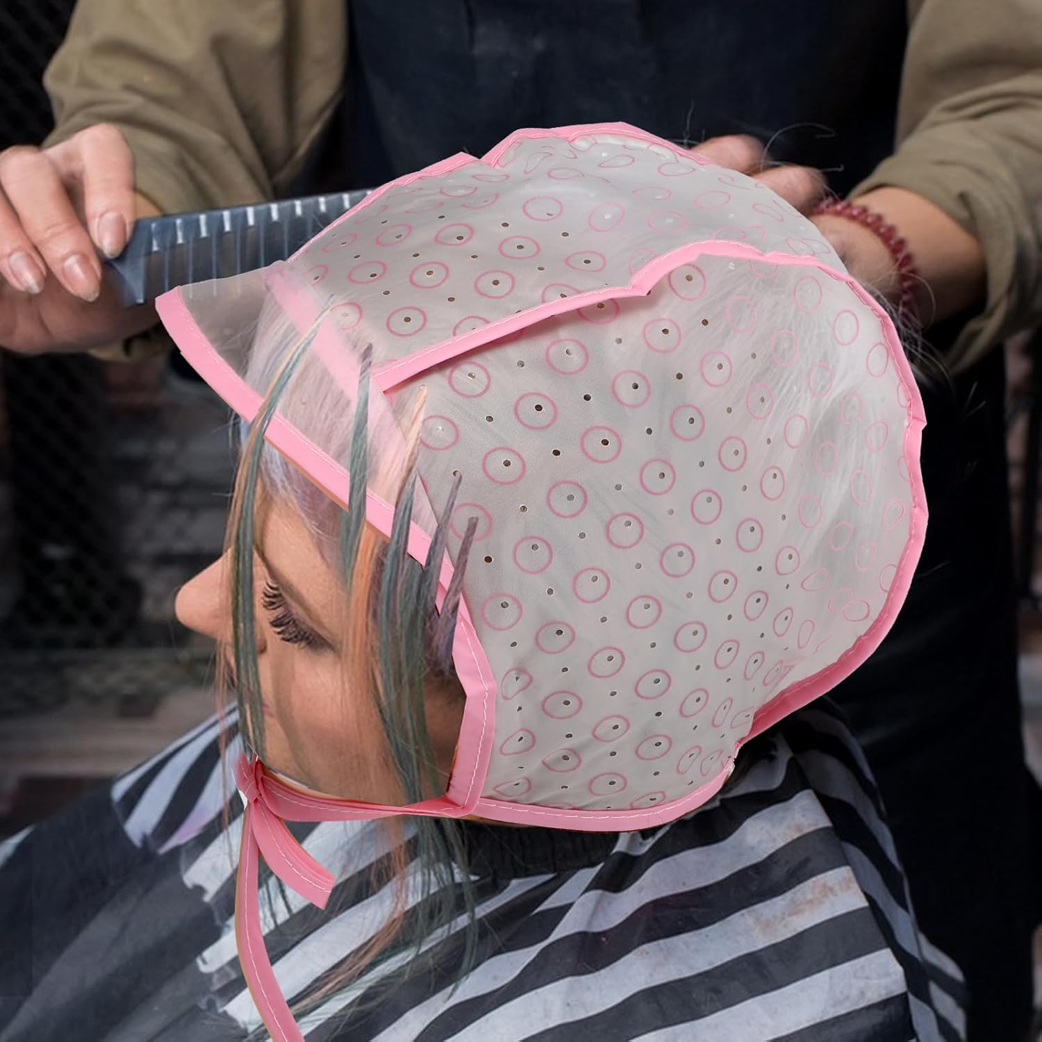 Bewudy Pack of 3 Highlight Caps, Adjustable Colouring Highlighting Cap with Plastic Hooks for Women Girls, Highlight Hair Cap Highlight Cap with Holes for Salon Home Use Hair Dye Centre, Pink, Purple, image number 5